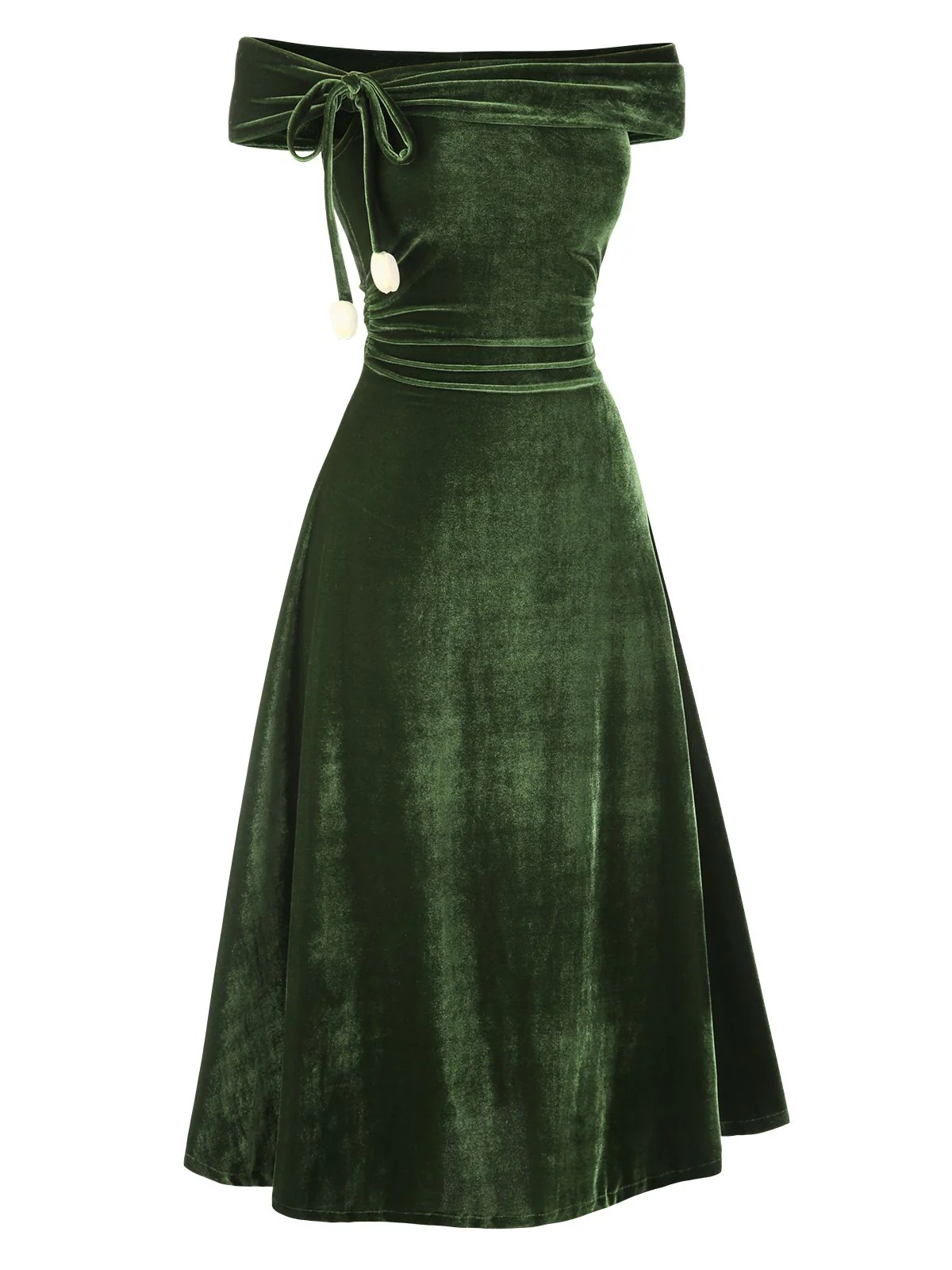 Grün 1940er Samt Gerüscht Schulterfrei Bardot Kleid - Image 4
