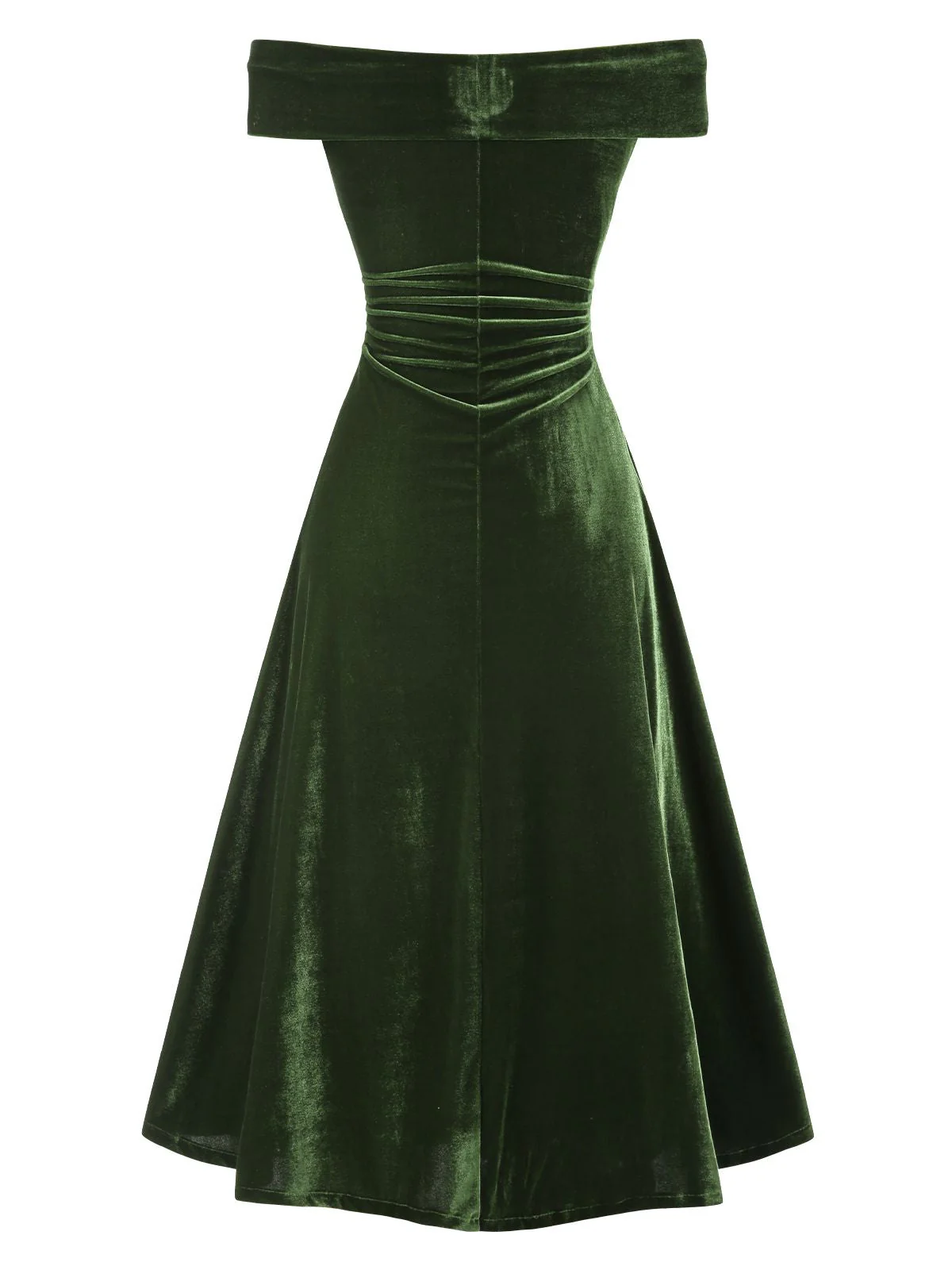 Grün 1940er Samt Gerüscht Schulterfrei Bardot Kleid - Image 5