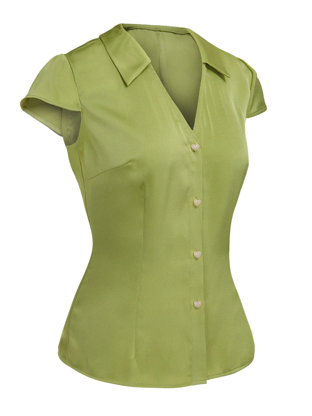 Grün 1940er Satin V-Ausschnitt Hemd mit Knöpfen - Image 3
