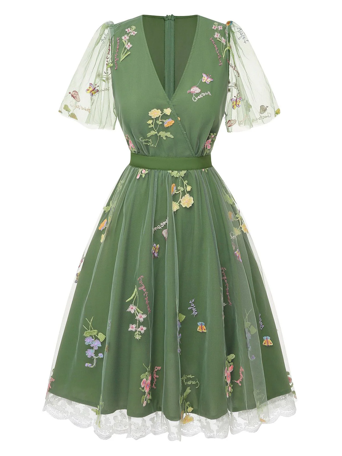 Grün 1950er Blumen Puffärmel Netz Bestickt Kleid - Image 2