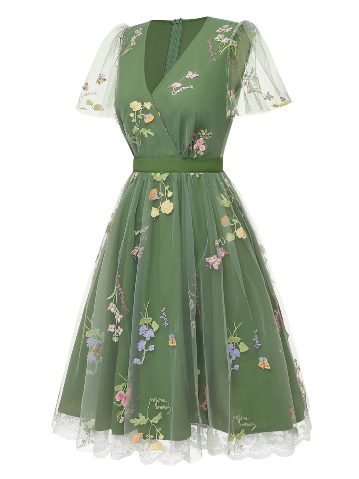 Grün 1950er Blumen Puffärmel Netz Bestickt Kleid - Image 3