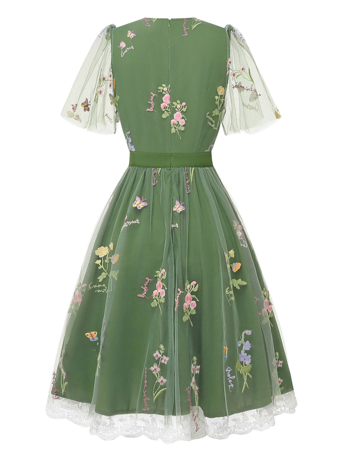 Grün 1950er Blumen Puffärmel Netz Bestickt Kleid - Image 4