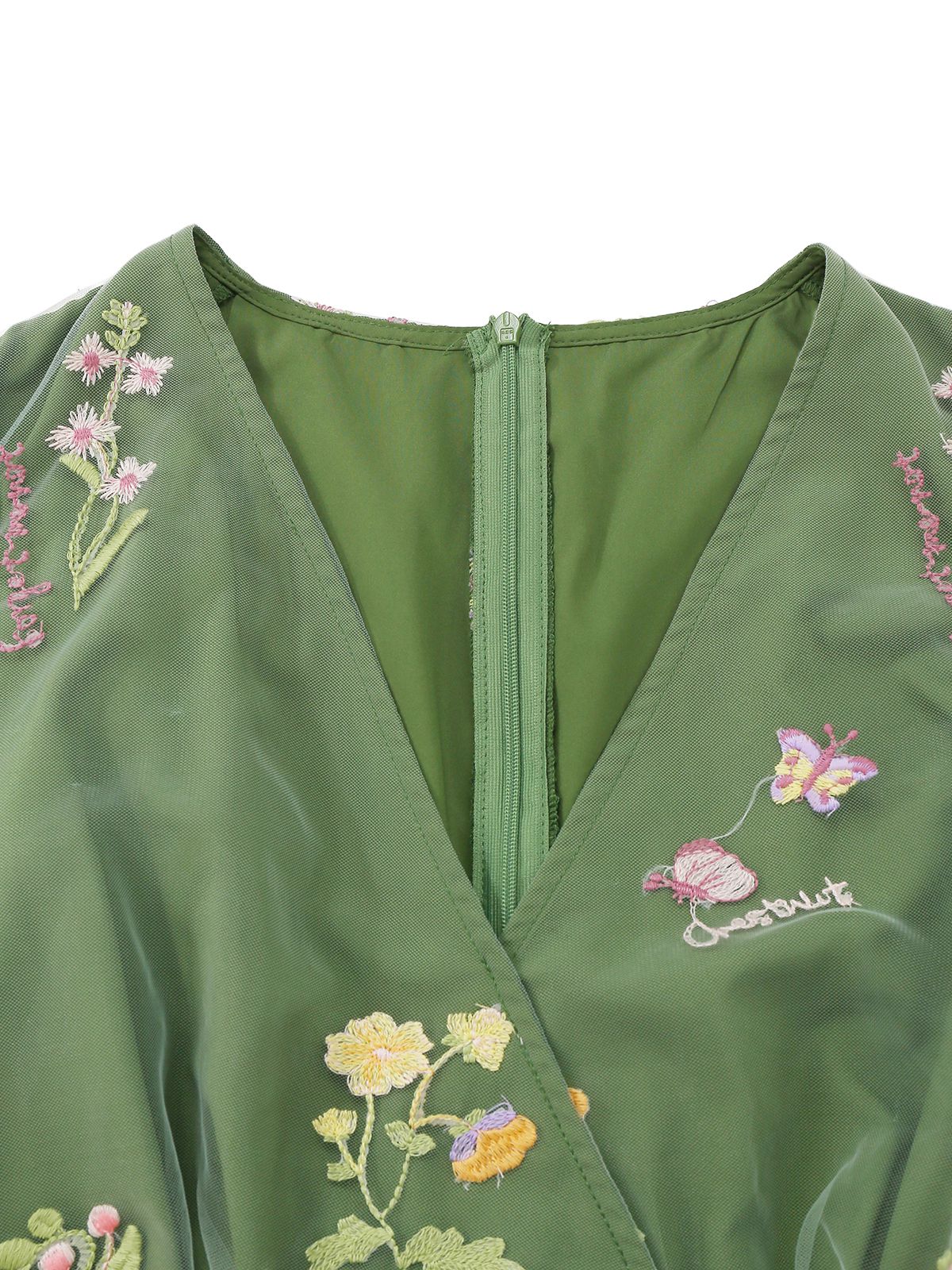 Grün 1950er Blumen Puffärmel Netz Bestickt Kleid - Image 6