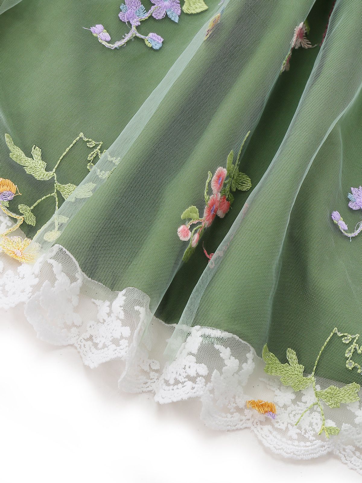 Grün 1950er Blumen Puffärmel Netz Bestickt Kleid - Image 7