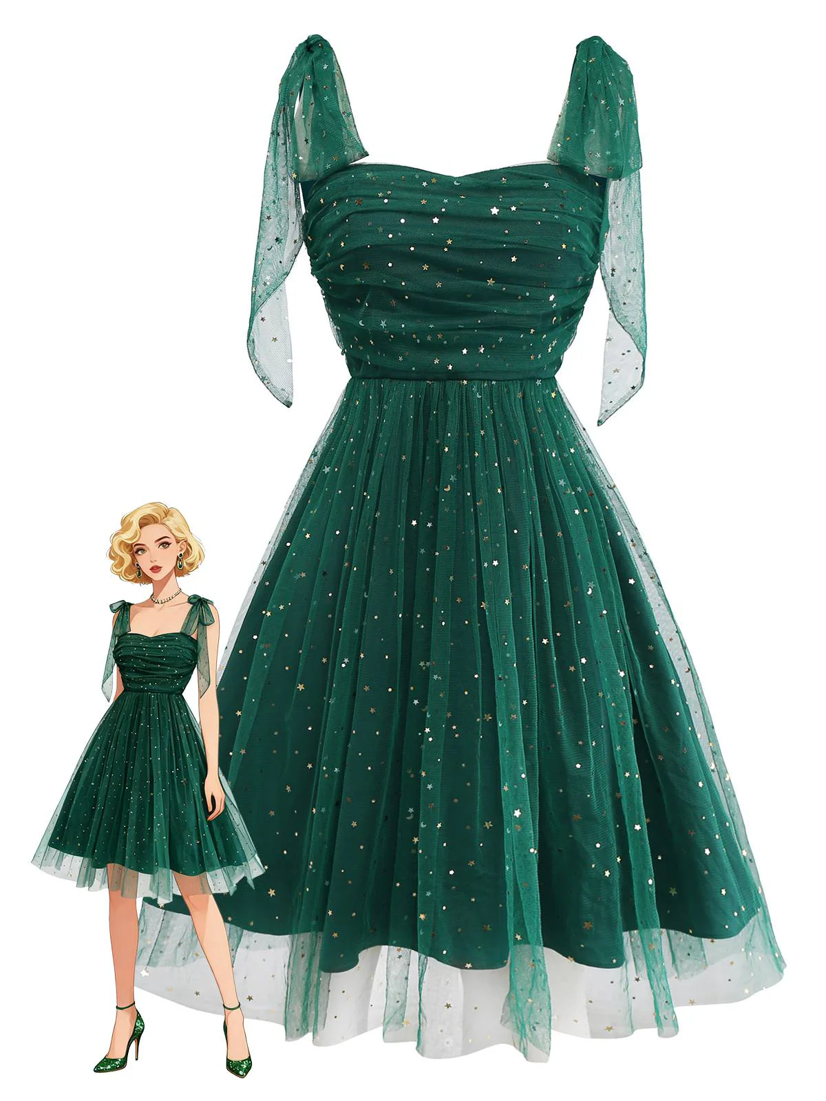 Grün 1950er Glitzer Schulterkrawatte Gerüschtes Kleid