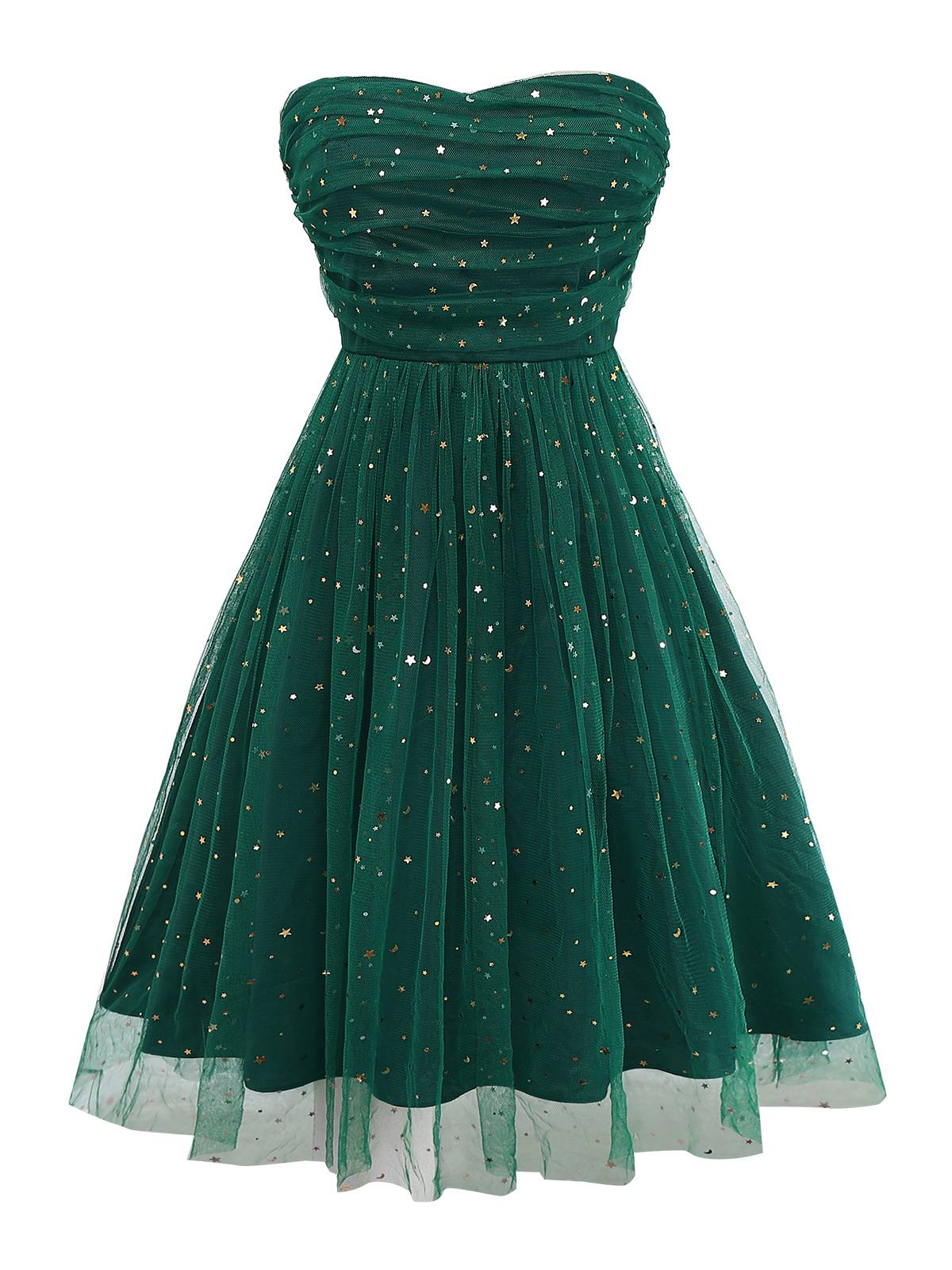 Grün 1950er Glitzer Schulterkrawatte Gerüschtes Kleid - Image 2