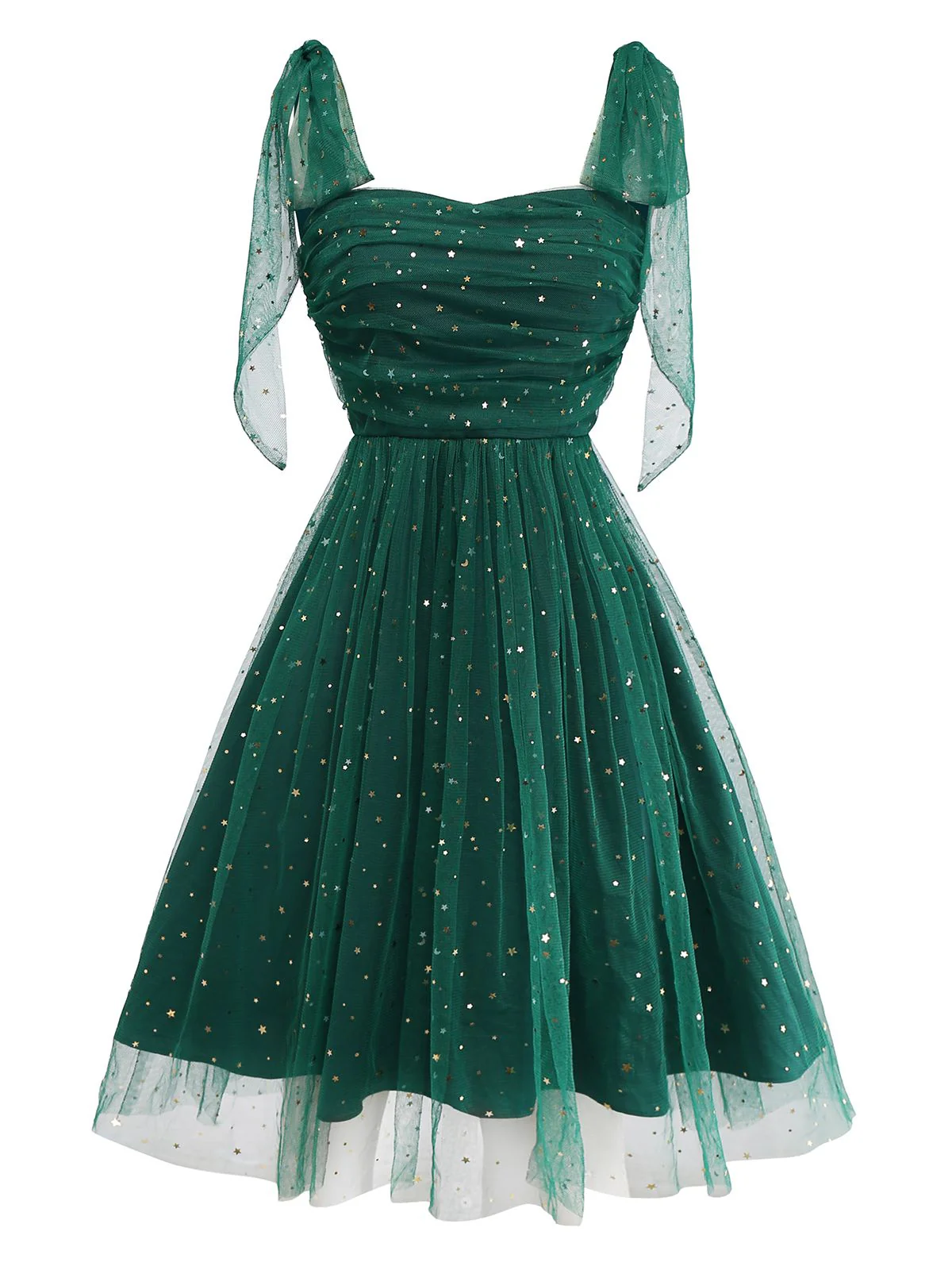 Grün 1950er Glitzer Schulterkrawatte Gerüschtes Kleid - Image 3