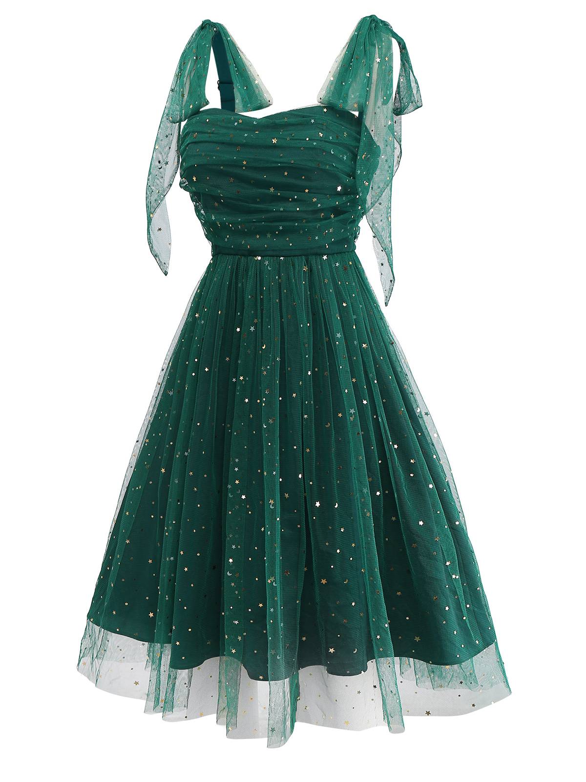 Grün 1950er Glitzer Schulterkrawatte Gerüschtes Kleid - Image 4