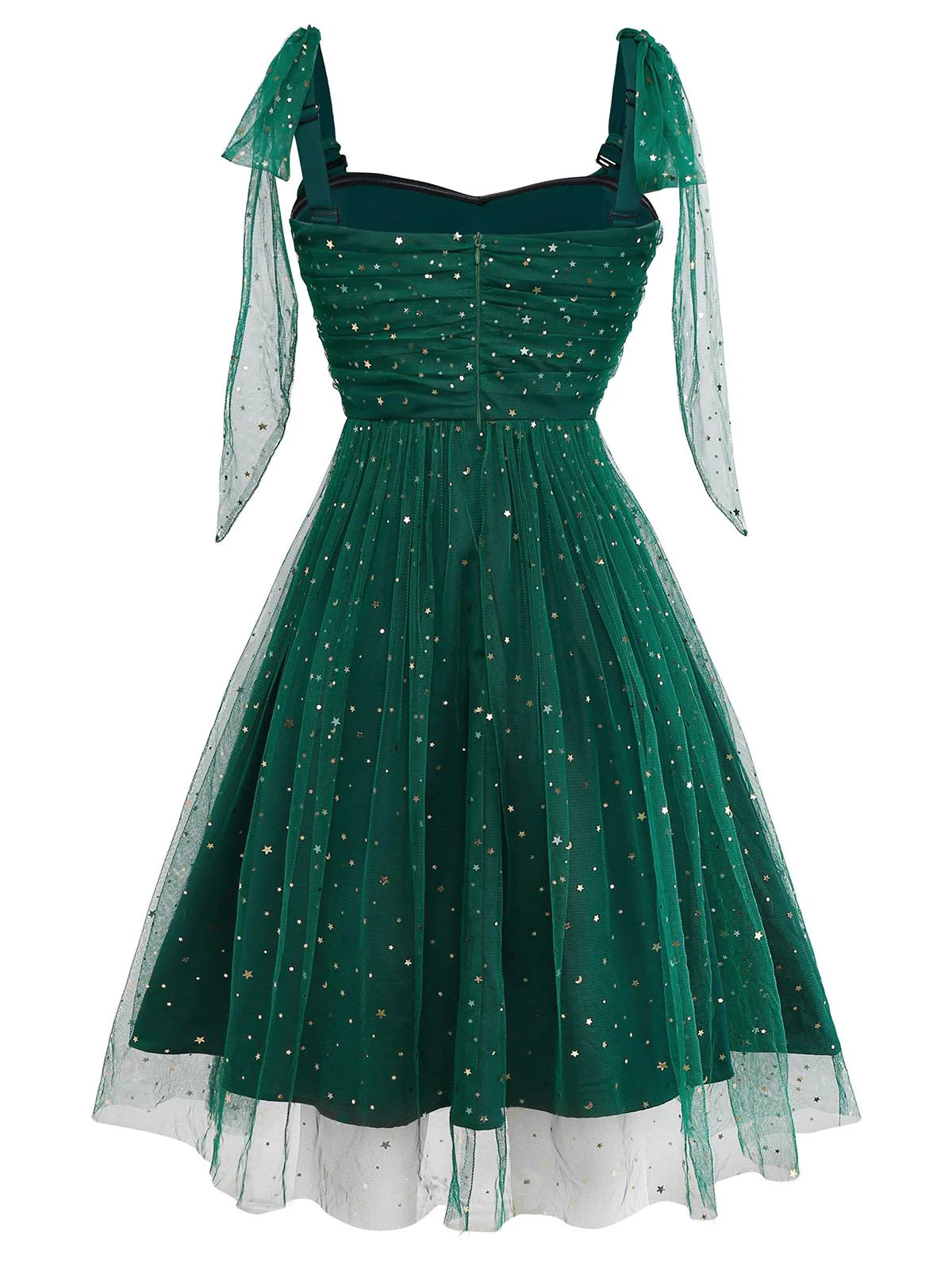 Grün 1950er Glitzer Schulterkrawatte Gerüschtes Kleid - Image 5
