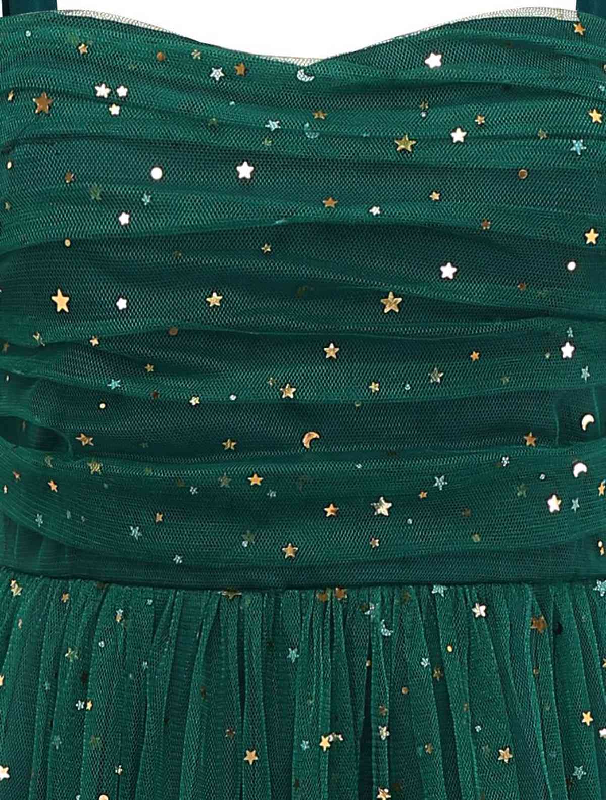 Grün 1950er Glitzer Schulterkrawatte Gerüschtes Kleid - Image 7