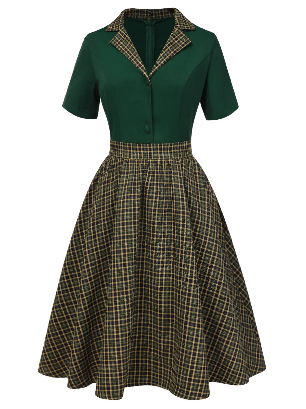 Grün 1950er Plaid Patchwork Revers Kleid - Image 2
