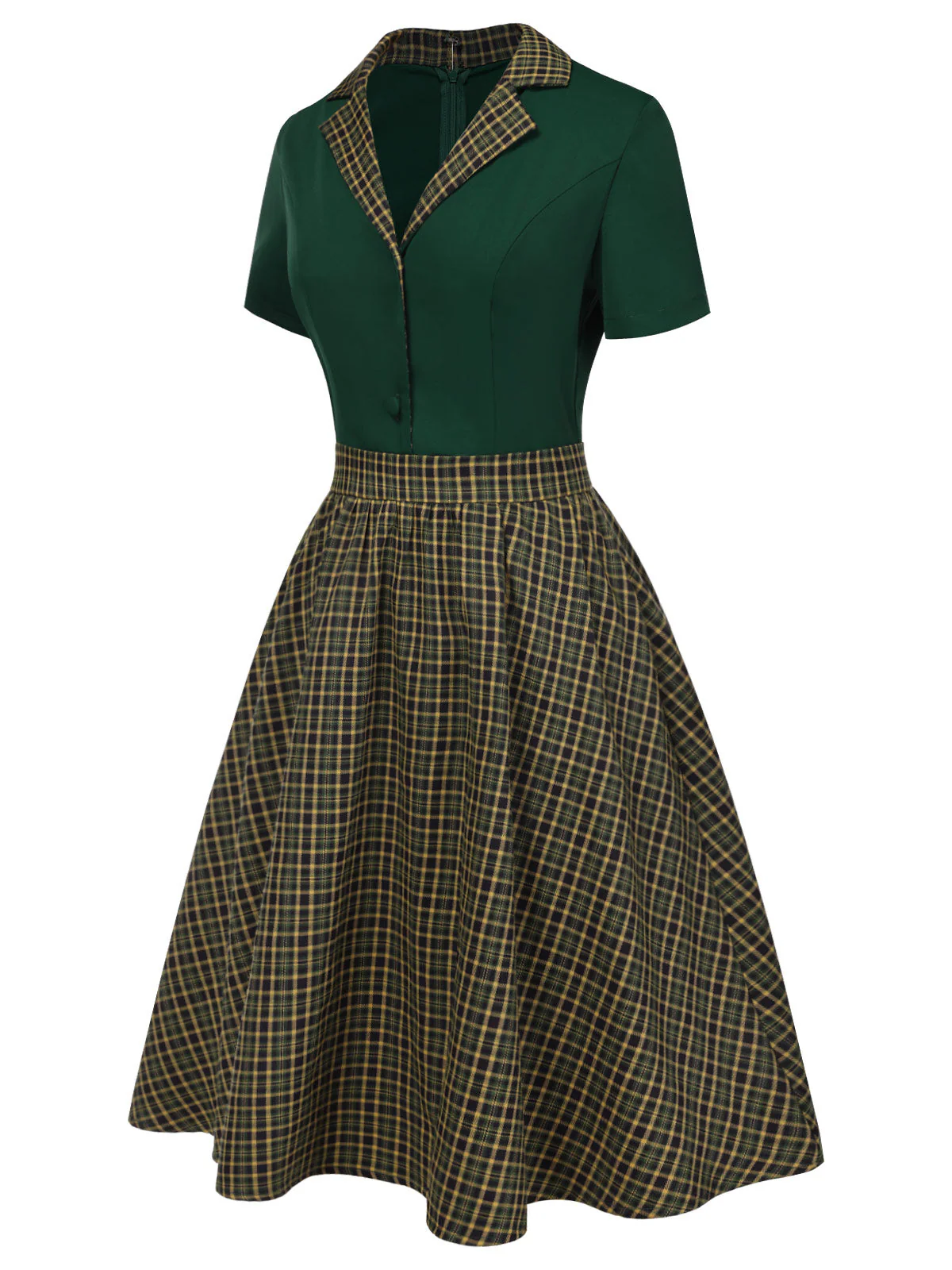 Grün 1950er Plaid Patchwork Revers Kleid - Image 3