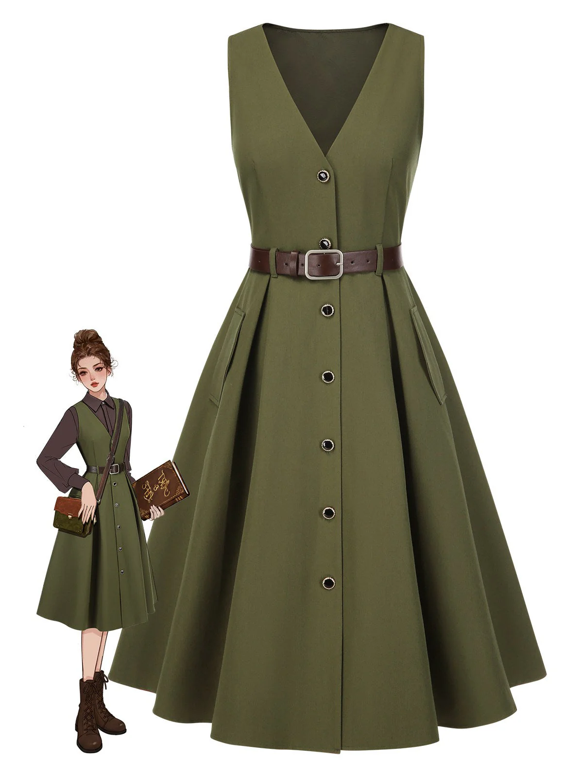 Grün 1950er V-Ausschnitt Taschen Gürtel Weste Kleid