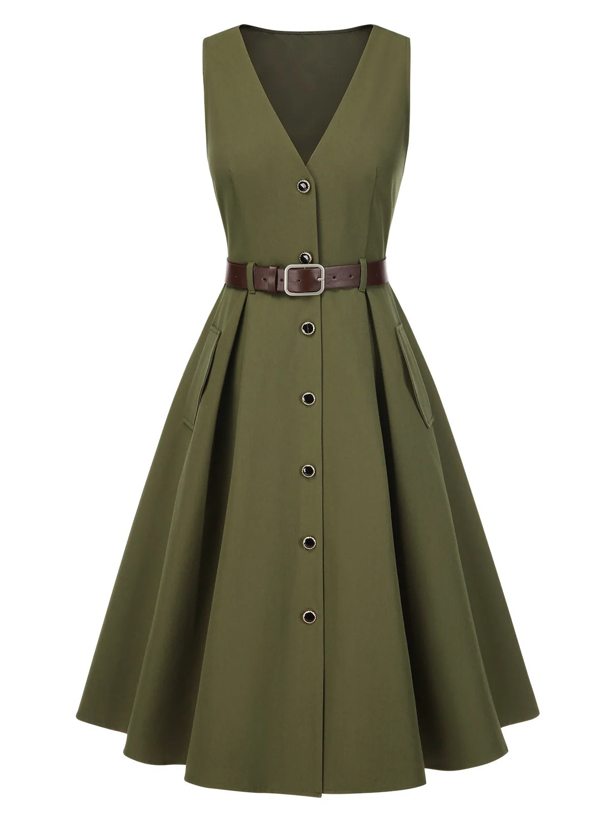 Grün 1950er V-Ausschnitt Taschen Gürtel Weste Kleid - Image 3
