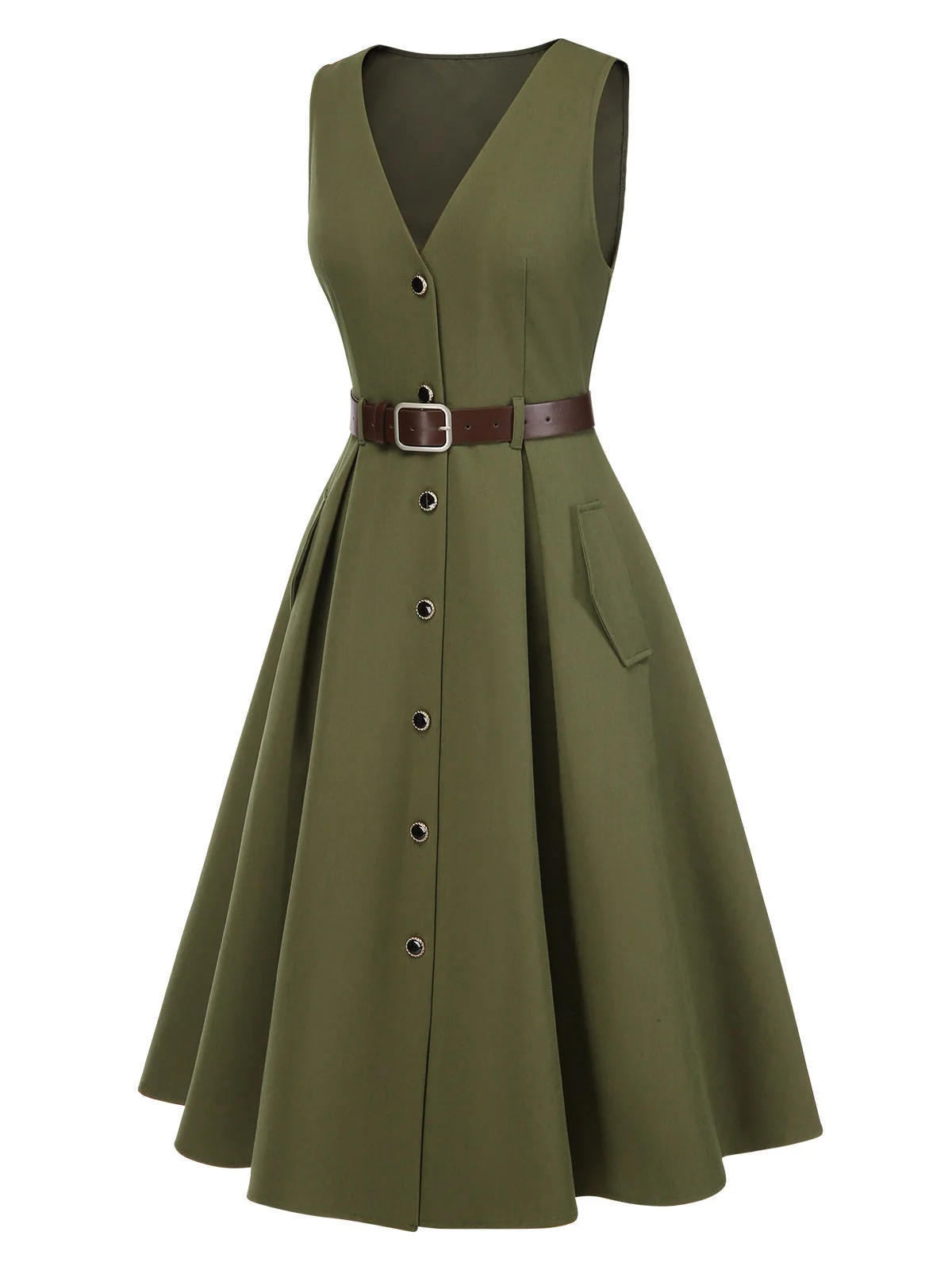 Grün 1950er V-Ausschnitt Taschen Gürtel Weste Kleid - Image 4