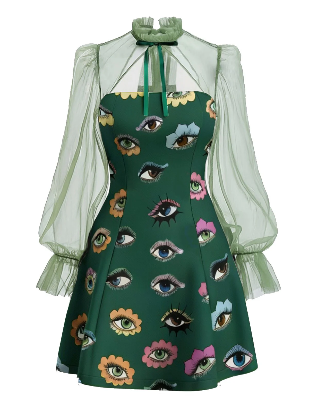 Grün 1960er Halloween Auge Drucken Netz Kleid - Image 2