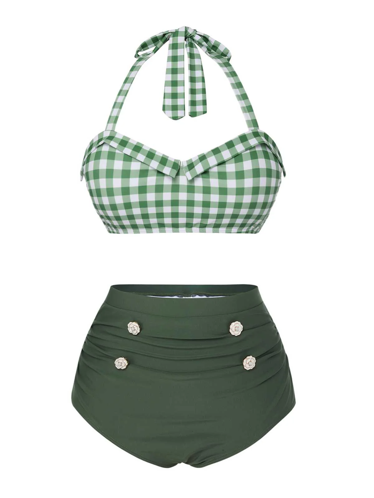 Grün Grau 1940er Halter Plaids Bikini Set - Image 2