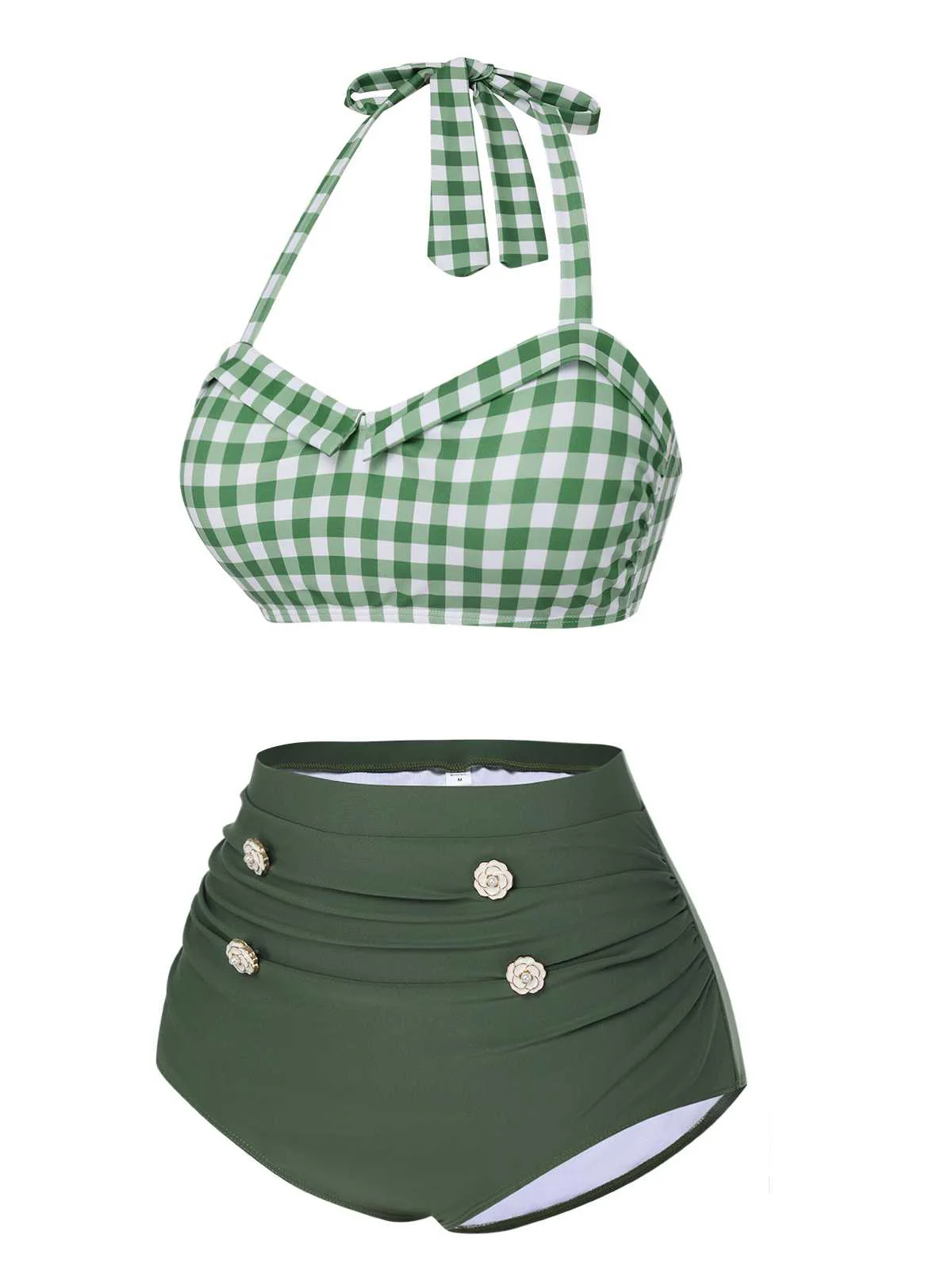Grün Grau 1940er Halter Plaids Bikini Set - Image 3