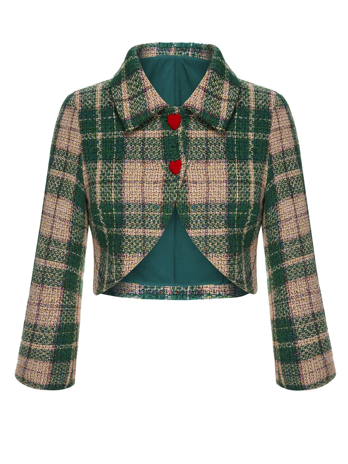 Grün 1950er Revers Schottisches Plaid Kurze Jacke - Image 3