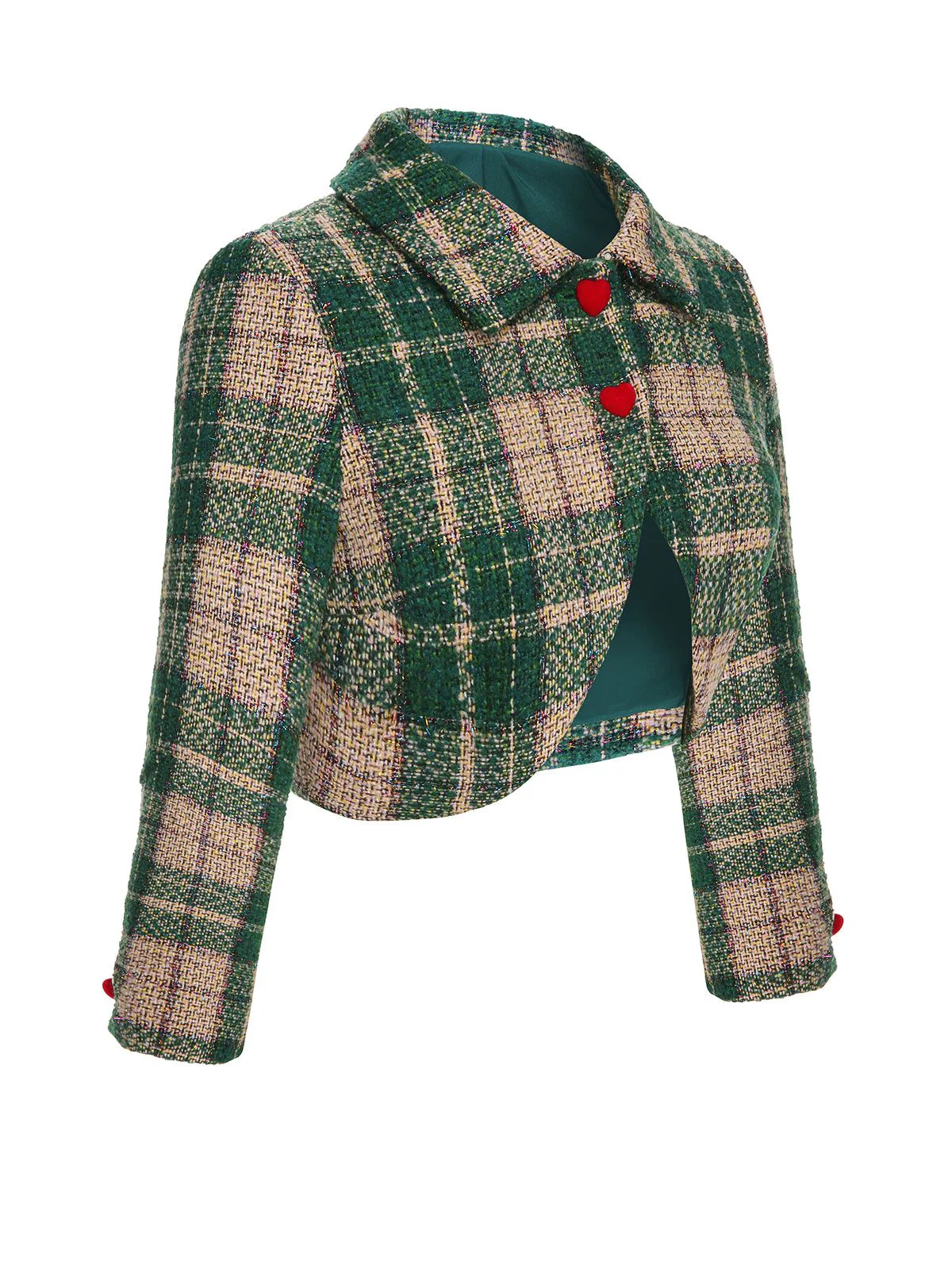 Grün 1950er Revers Schottisches Plaid Kurze Jacke - Image 4