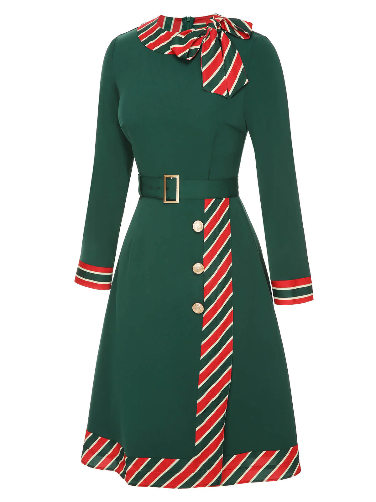 Grünes 1940er Streifen Patchwork Kleid mit Gürtel - Image 3