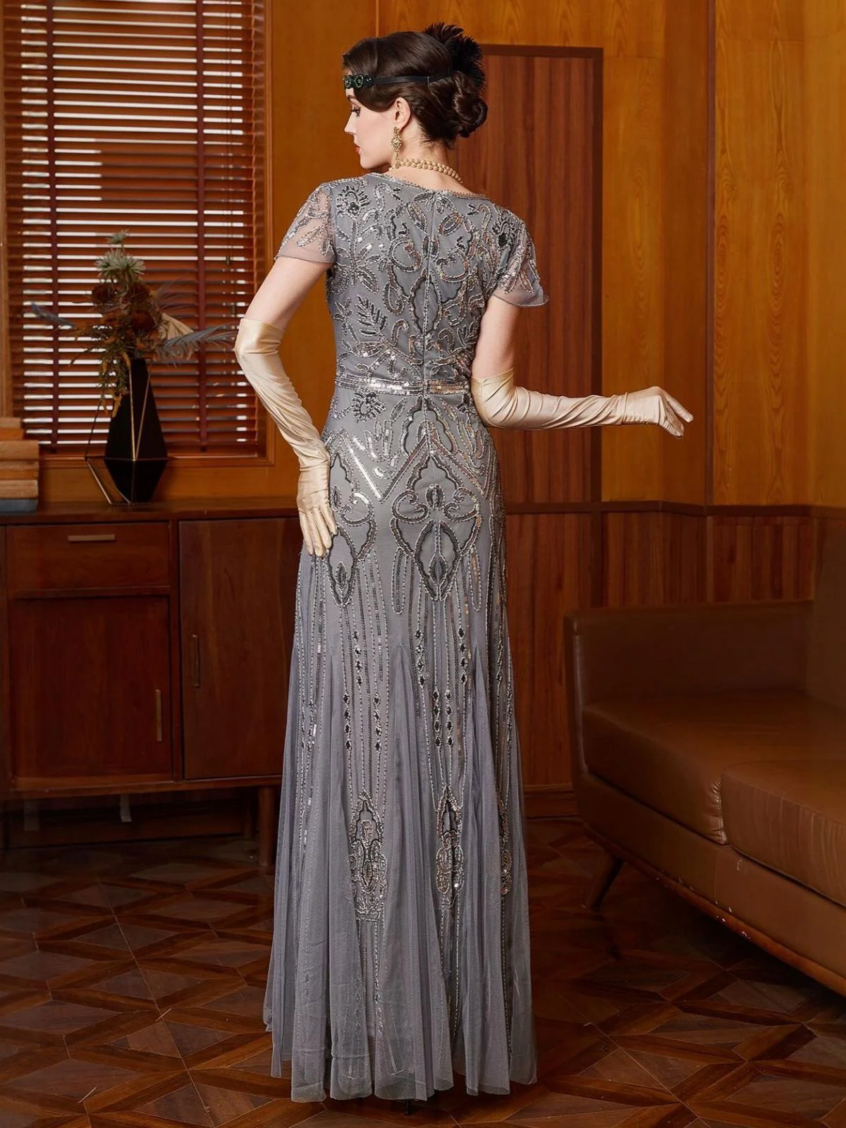 Grau 1920er Pailletten Tüll Flügelärmel Rundausschnitt Kleid - Image 5