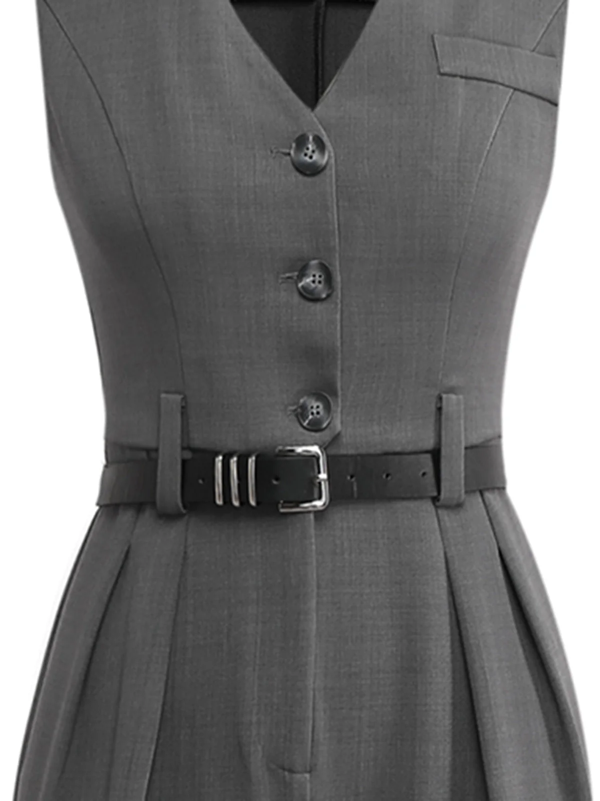 Grau 1930er Solide Ärmellos Büro Gürtel Jumpsuit - Image 3