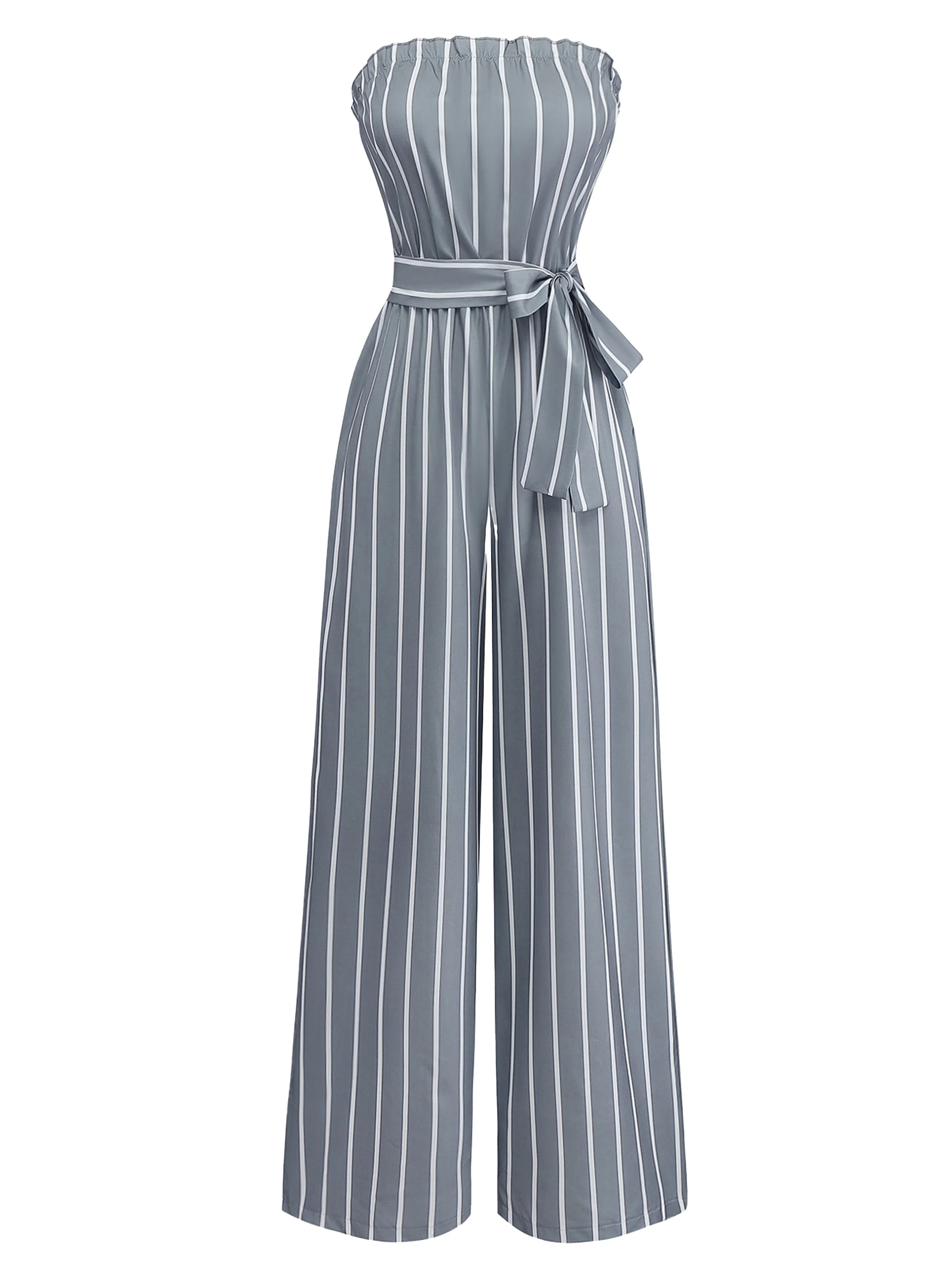 Grau 1930er Trägerlos Streifen Gegürtet Jumpsuit - Image 2