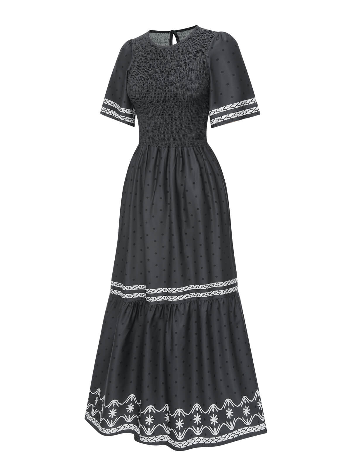 Grau 1940er Gesmokt Dots Moderates Maxikleid - Image 3