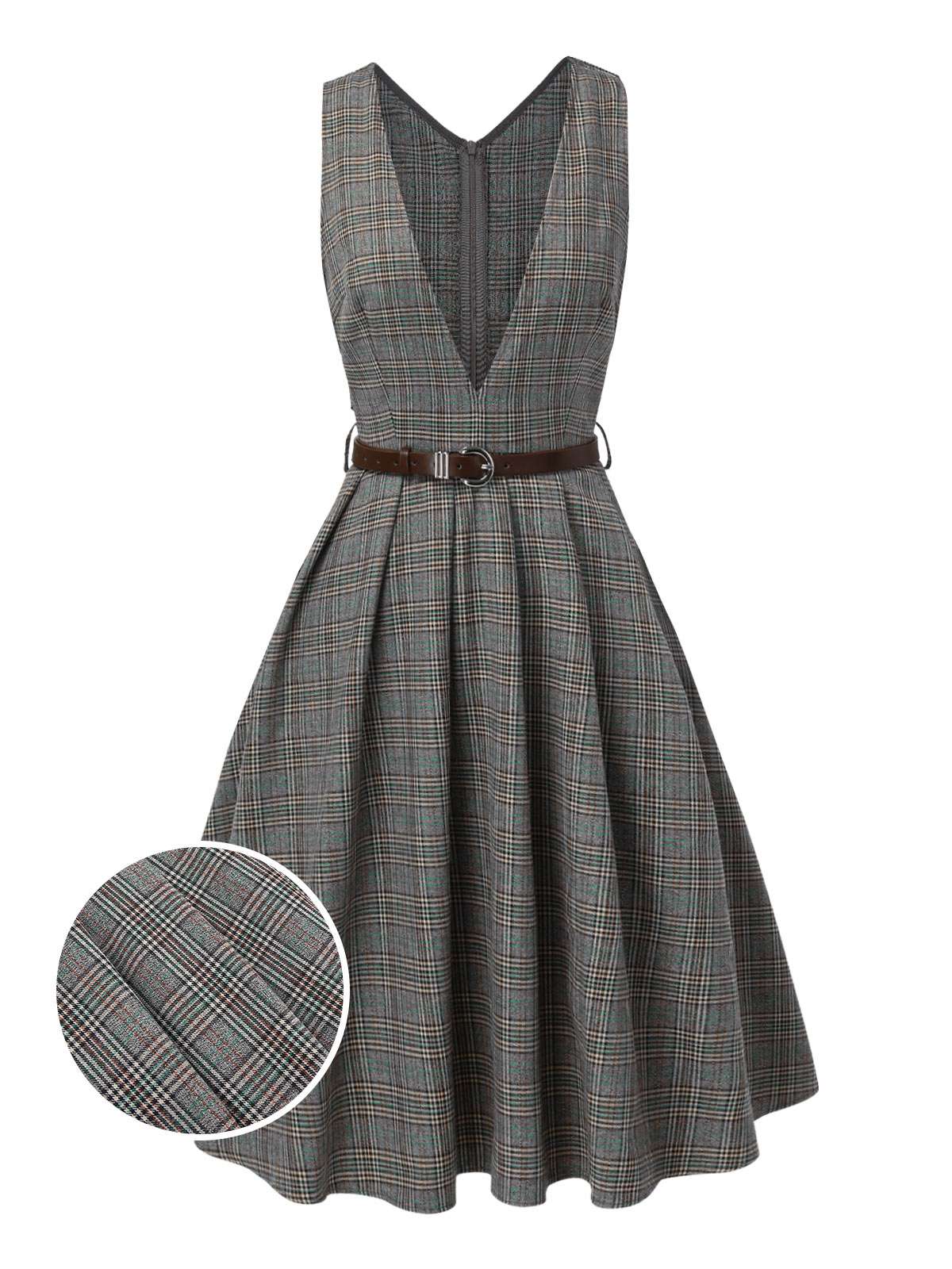 Grau 1940er Tief V-Ausschnitt Tal-Plaid Kleid - Image 10