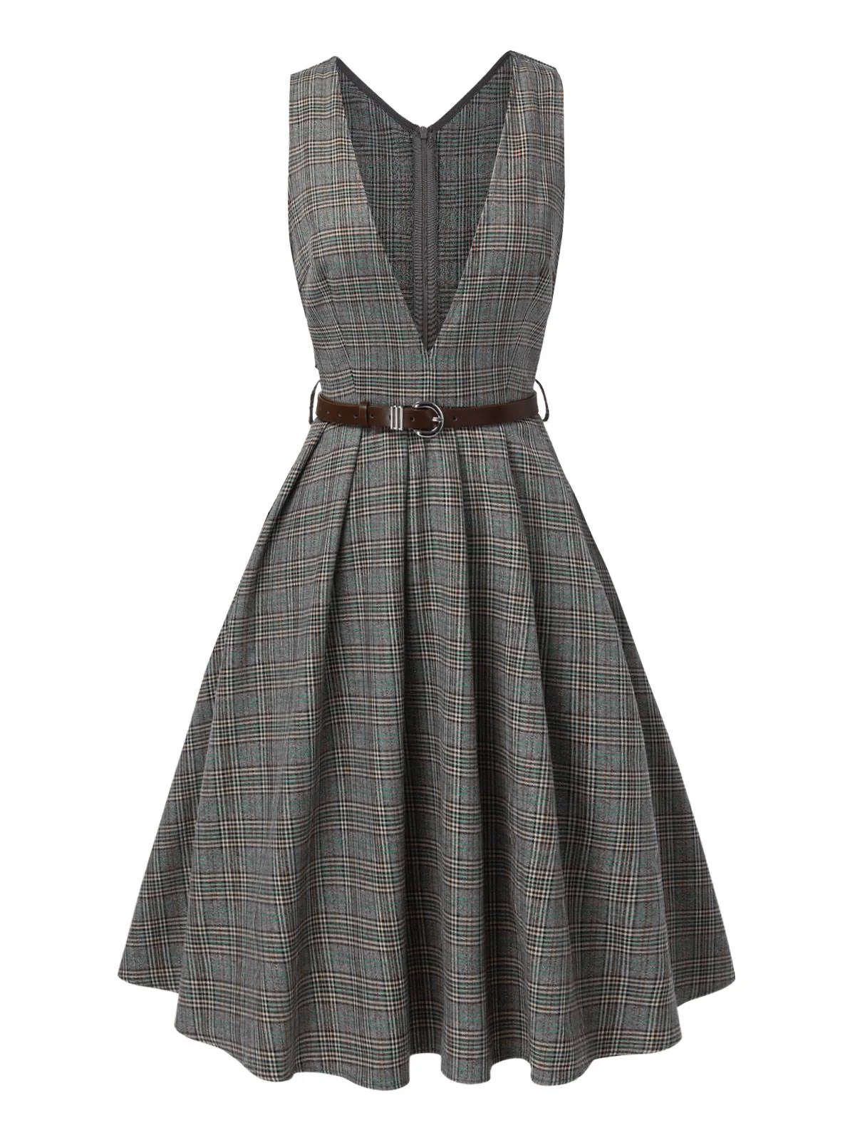 Grau 1940er Tief V-Ausschnitt Tal-Plaid Kleid - Image 11