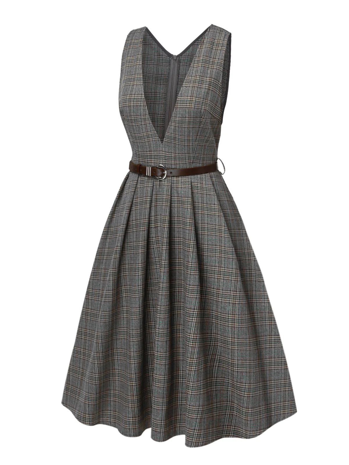 Grau 1940er Tief V-Ausschnitt Tal-Plaid Kleid - Image 12