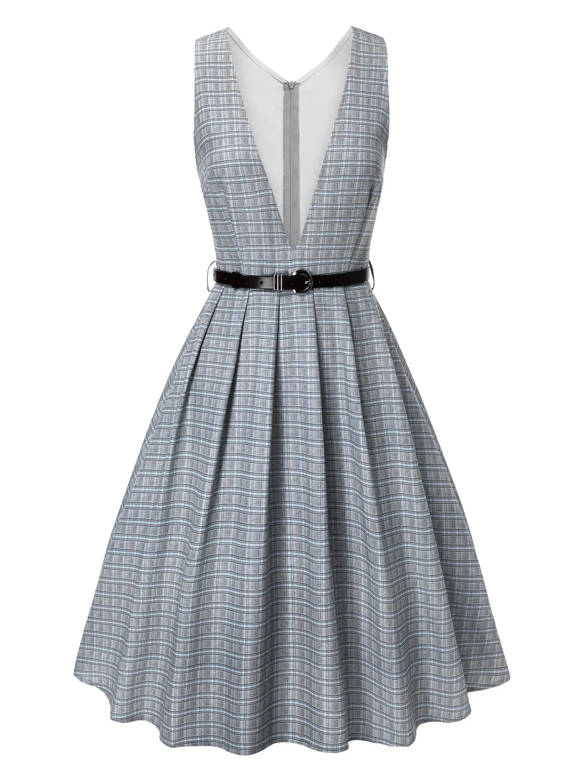 Grau 1940er Tief V-Ausschnitt Tal-Plaid Kleid - Image 17