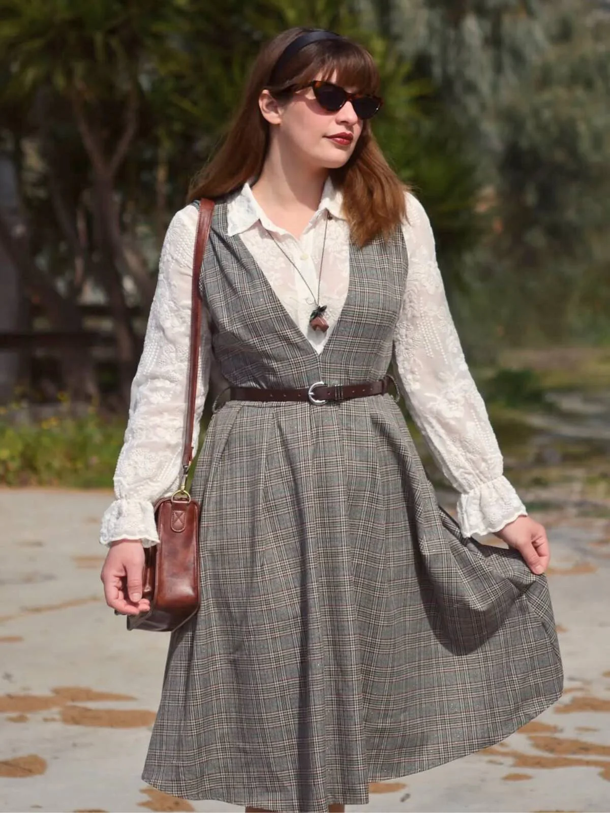 Grau 1940er Tief V-Ausschnitt Tal-Plaid Kleid - Image 2
