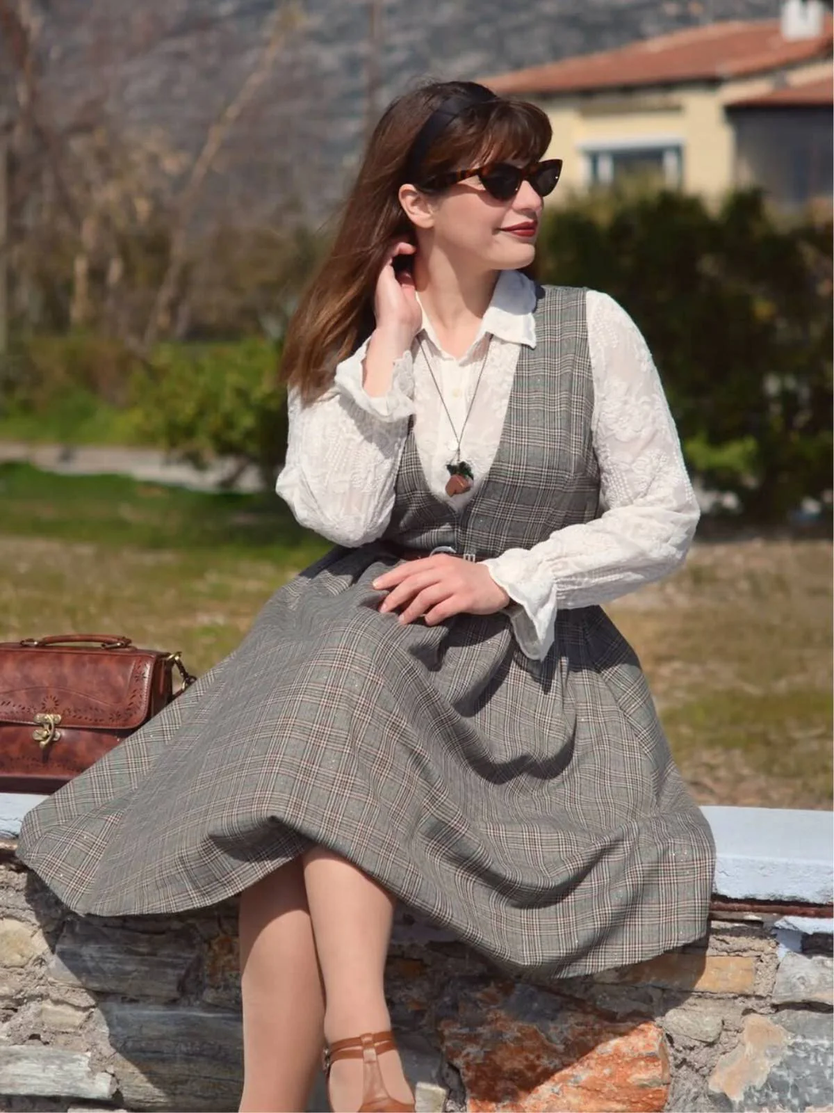 Grau 1940er Tief V-Ausschnitt Tal-Plaid Kleid - Image 3