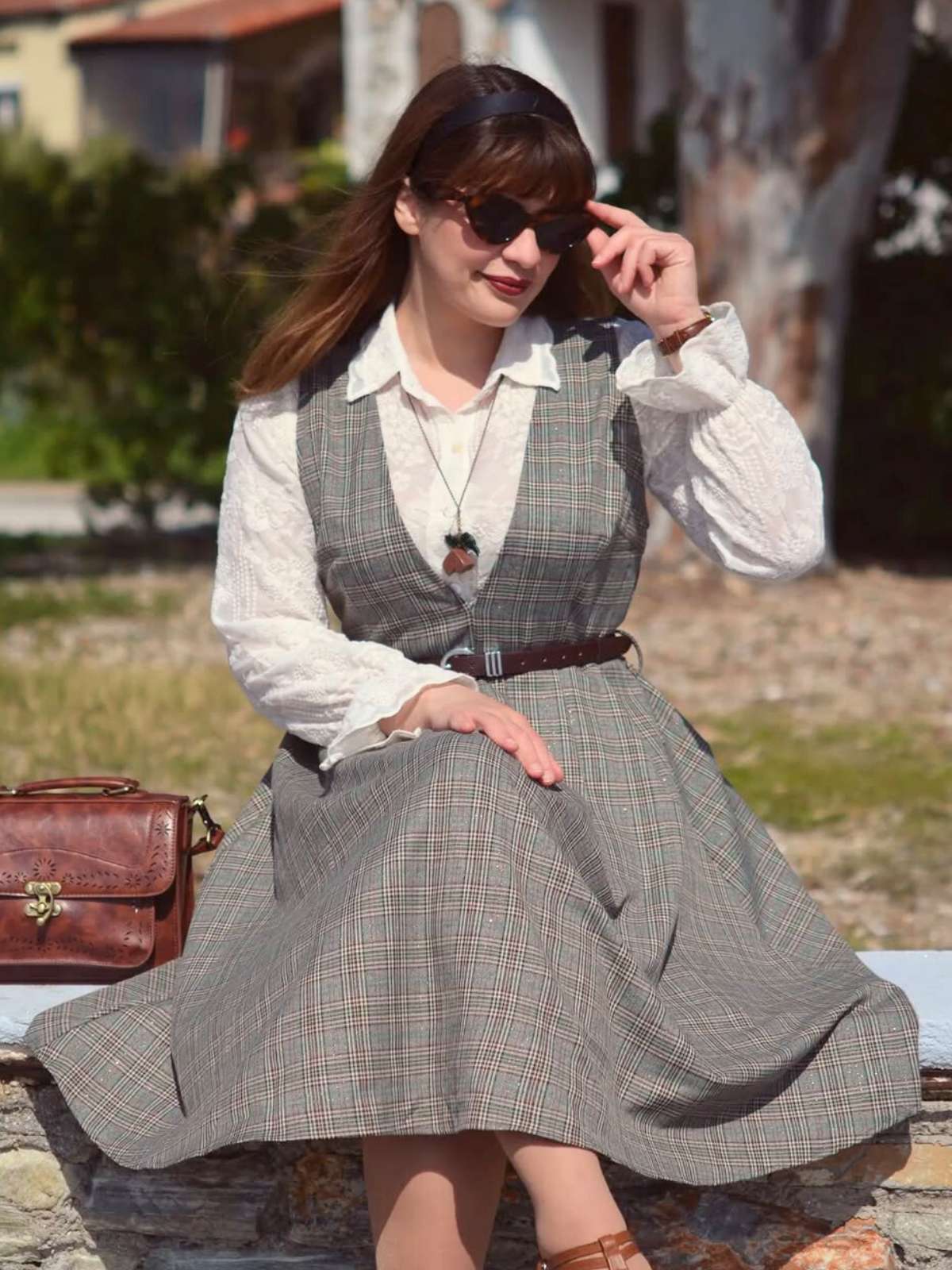 Grau 1940er Tief V-Ausschnitt Tal-Plaid Kleid - Image 4