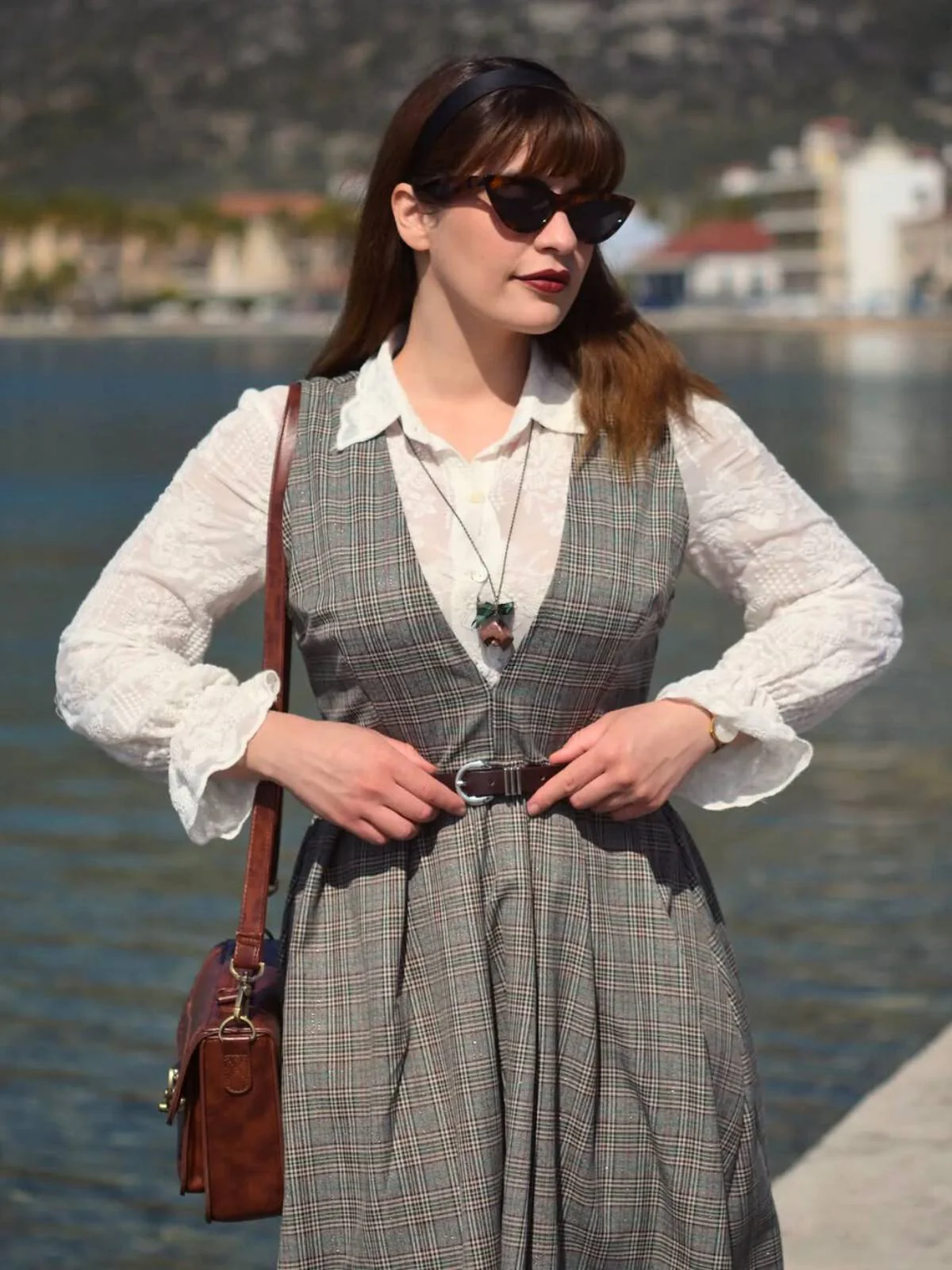 Grau 1940er Tief V-Ausschnitt Tal-Plaid Kleid - Image 5