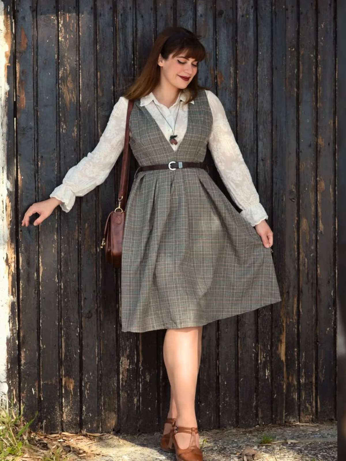 Grau 1940er Tief V-Ausschnitt Tal-Plaid Kleid - Image 6