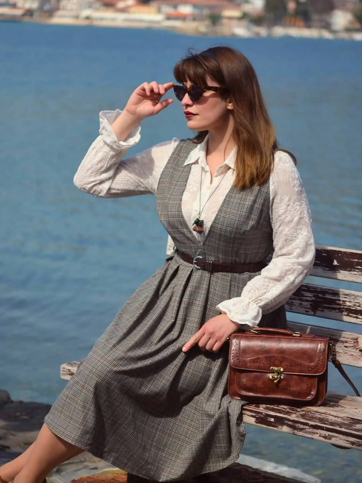 Grau 1940er Tief V-Ausschnitt Tal-Plaid Kleid - Image 8