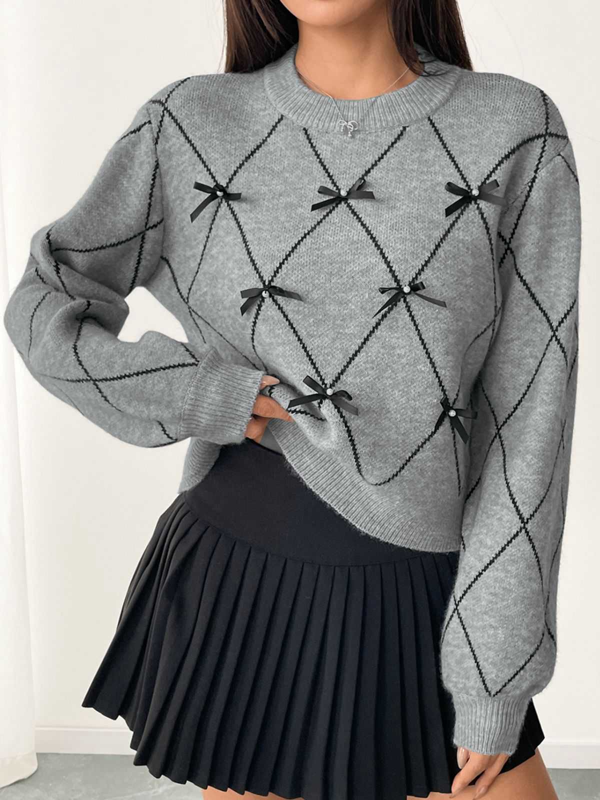 Grau 1950er Rundhals Bogen Pullover - Image 2