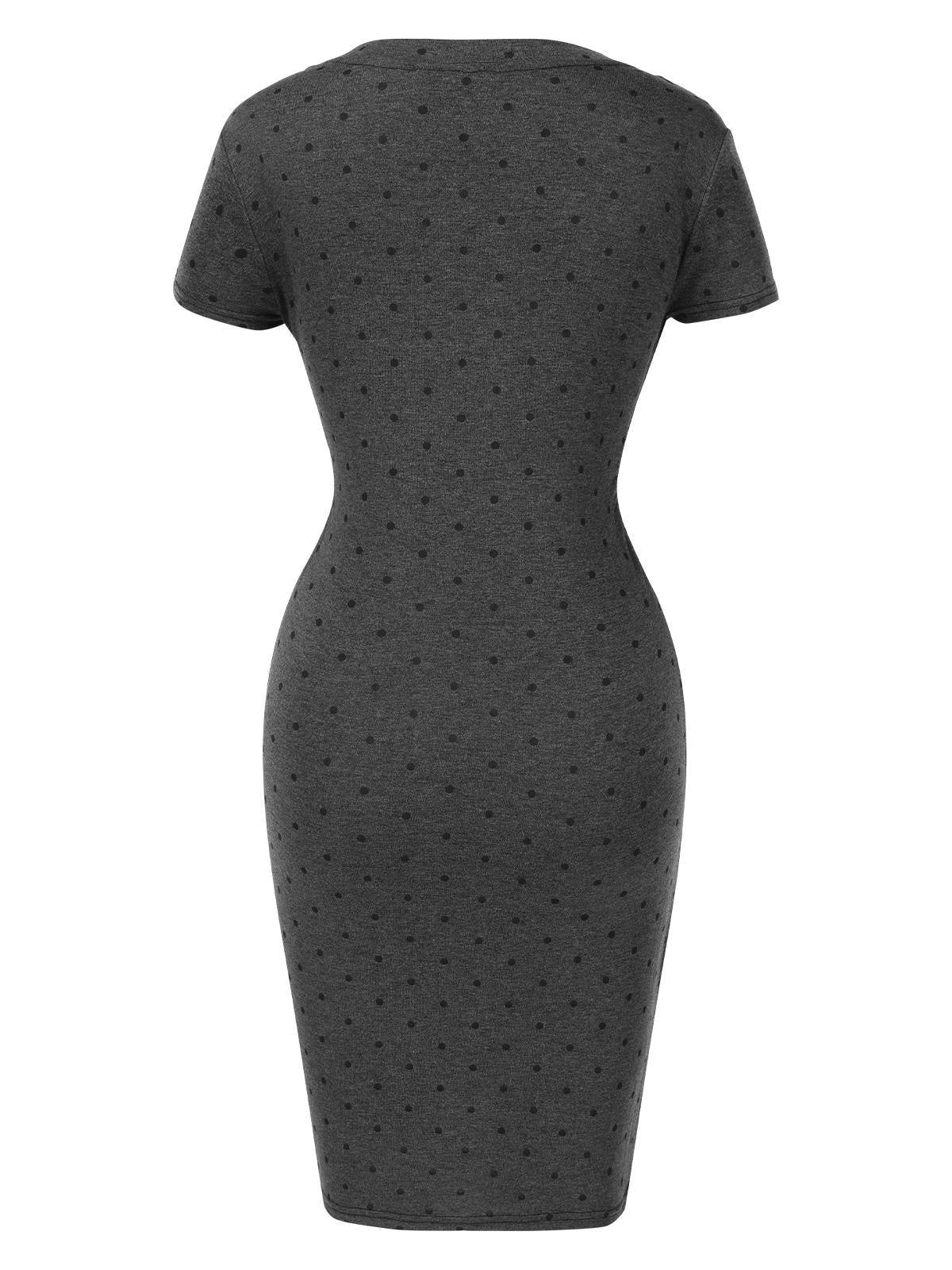 Grau 1960er Tupfen V-Ausschnitt Enges Kleid - Image 2