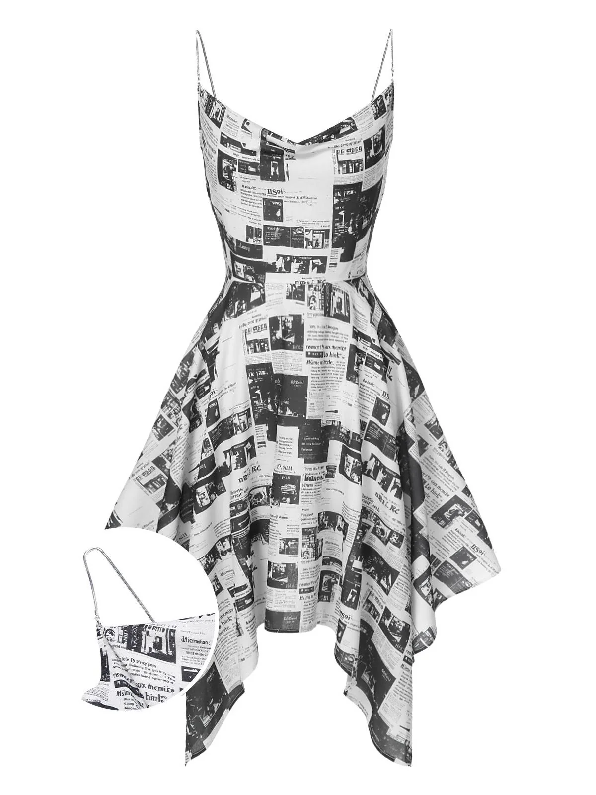 Grau 1970er Spaghetti Träger Zeitung Kleid