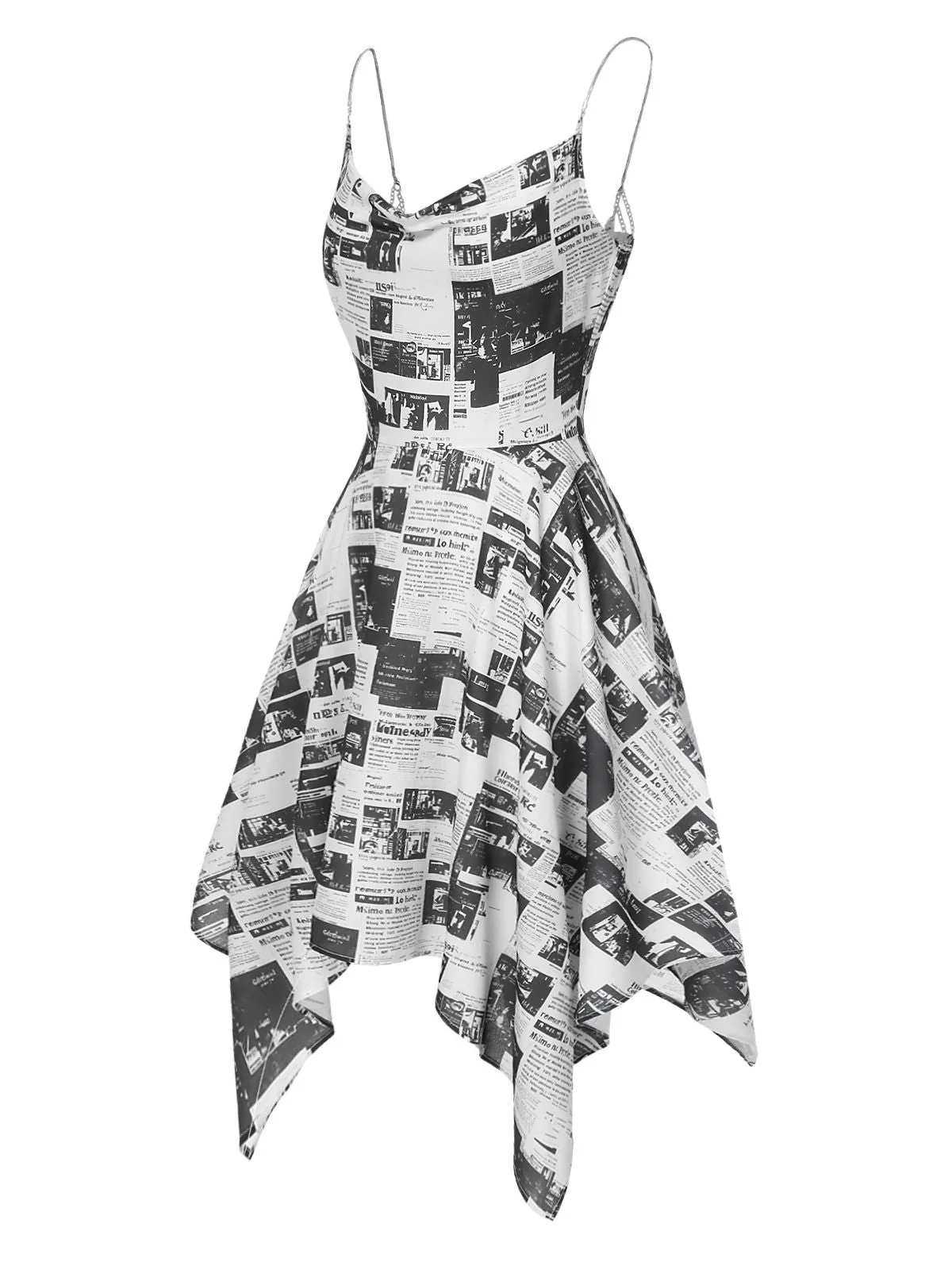 Grau 1970er Spaghetti Träger Zeitung Kleid - Image 3