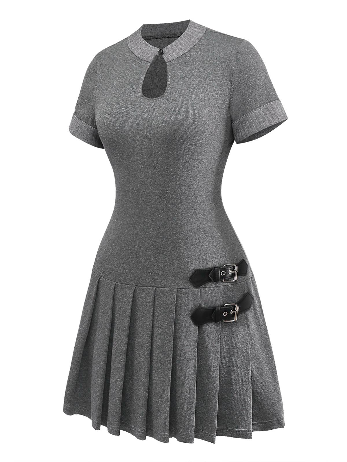 Grau 1970er Stricken Leder Schnalle Plissiertes Kleid - Image 8