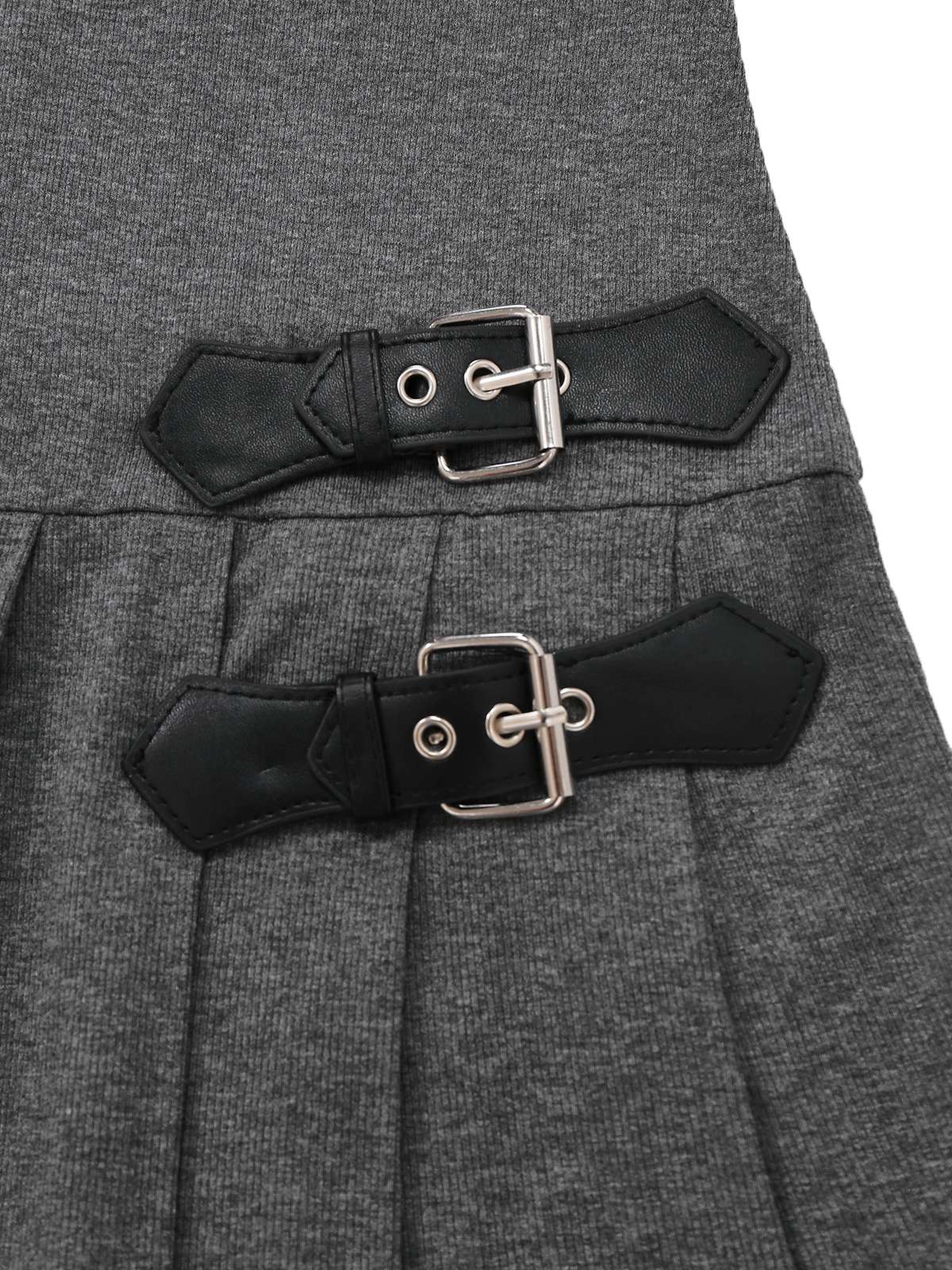 Grau 1970er Stricken Leder Schnalle Plissiertes Kleid - Image 12