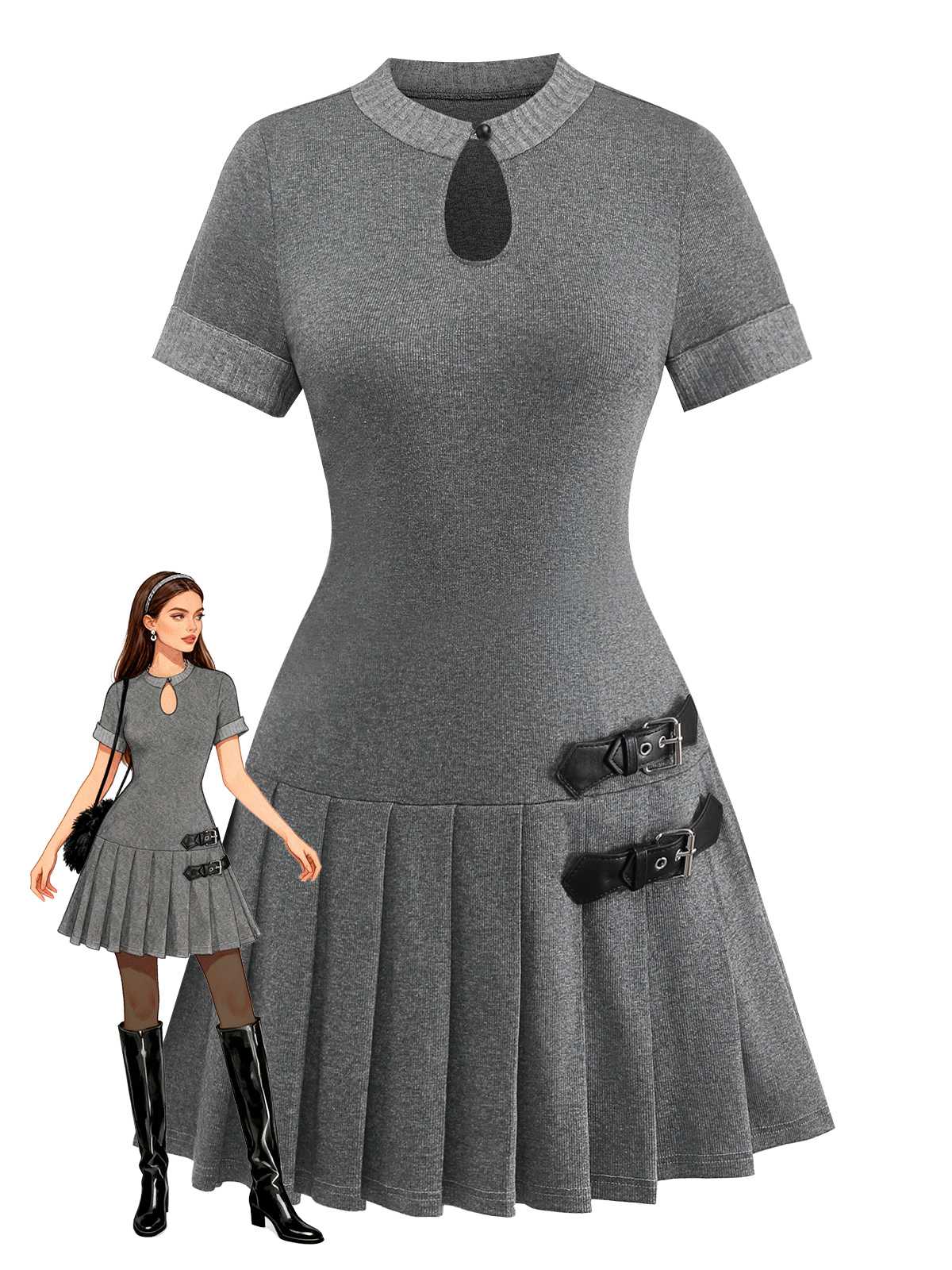 Grau 1970er Stricken Leder Schnalle Plissiertes Kleid - Image 4