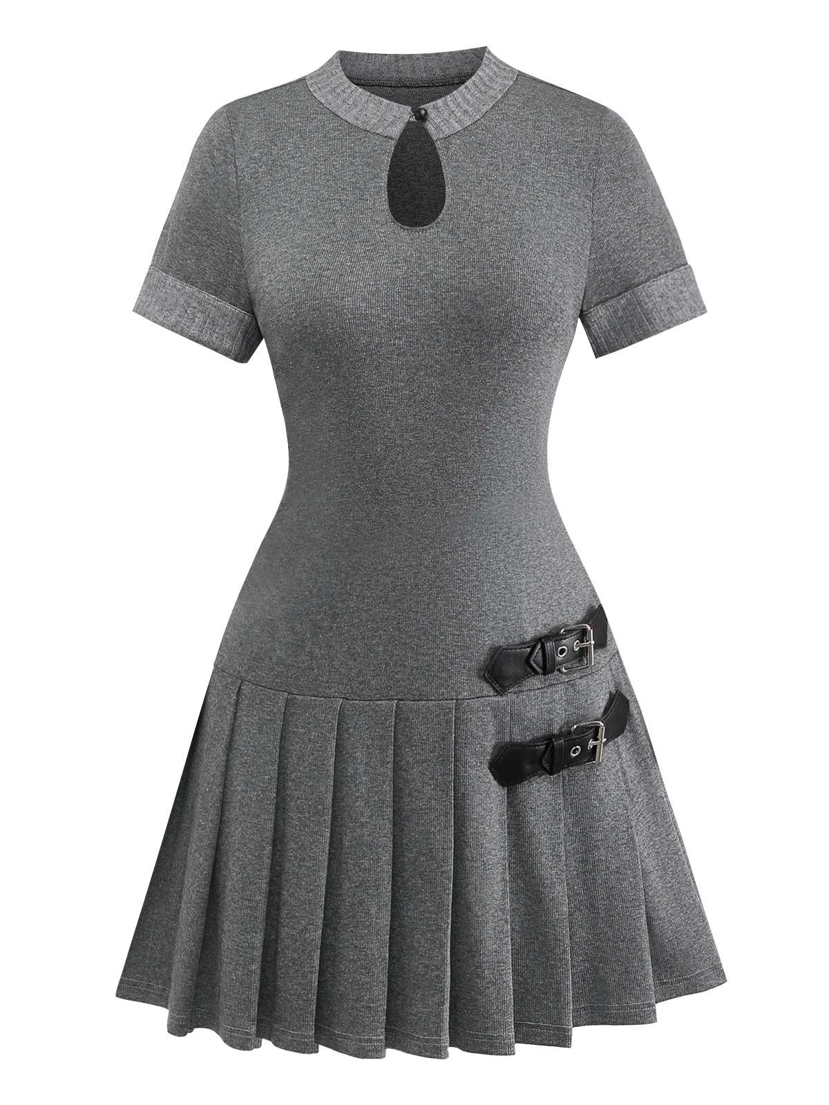 Grau 1970er Stricken Leder Schnalle Plissiertes Kleid - Image 7
