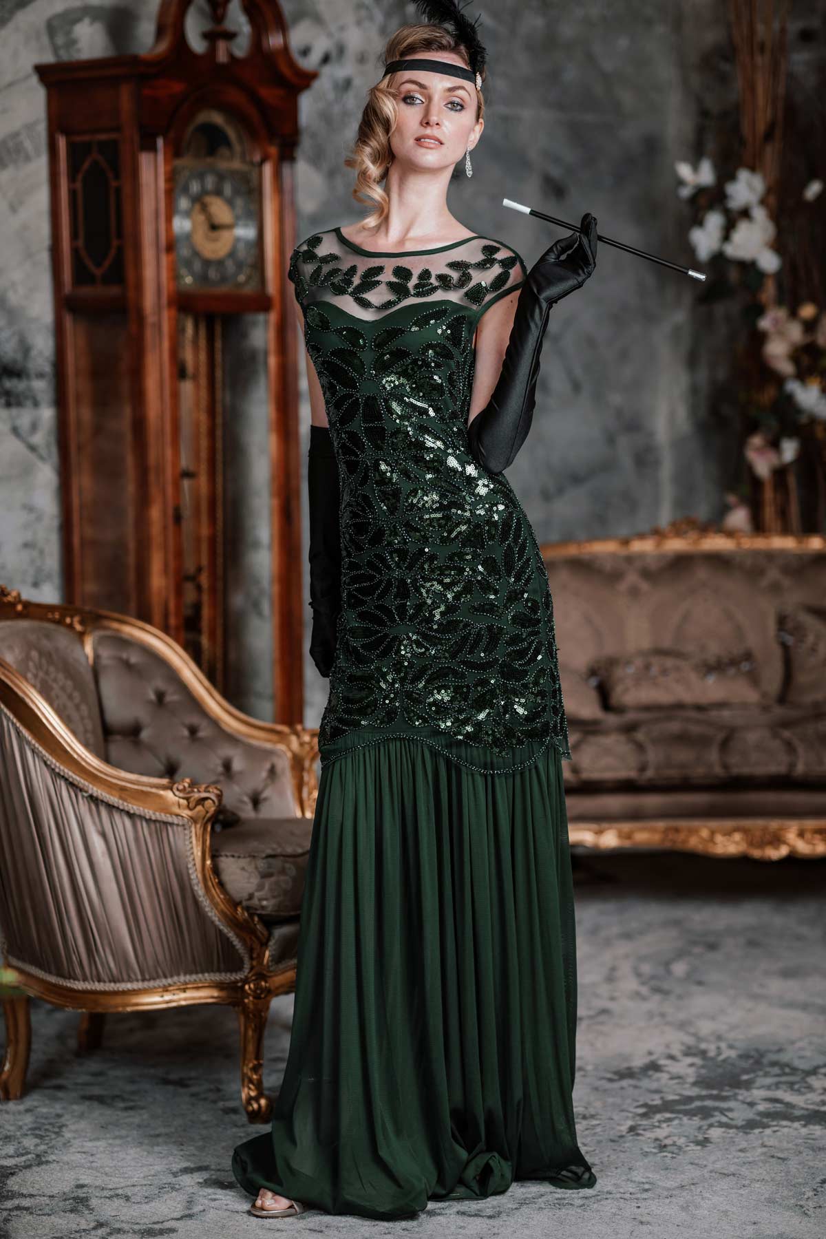 GRÜN 1920ER MAXI FLAPPER KLEID MIT PAILLETTEN - Image 3