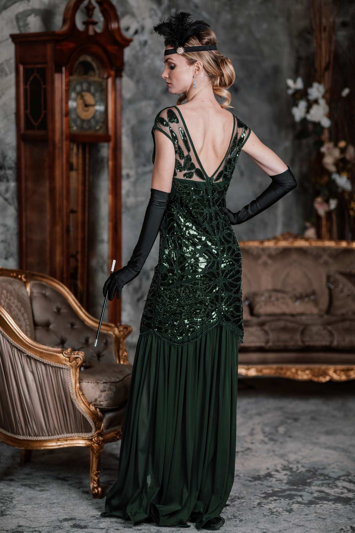 GRÜN 1920ER MAXI FLAPPER KLEID MIT PAILLETTEN - Image 4