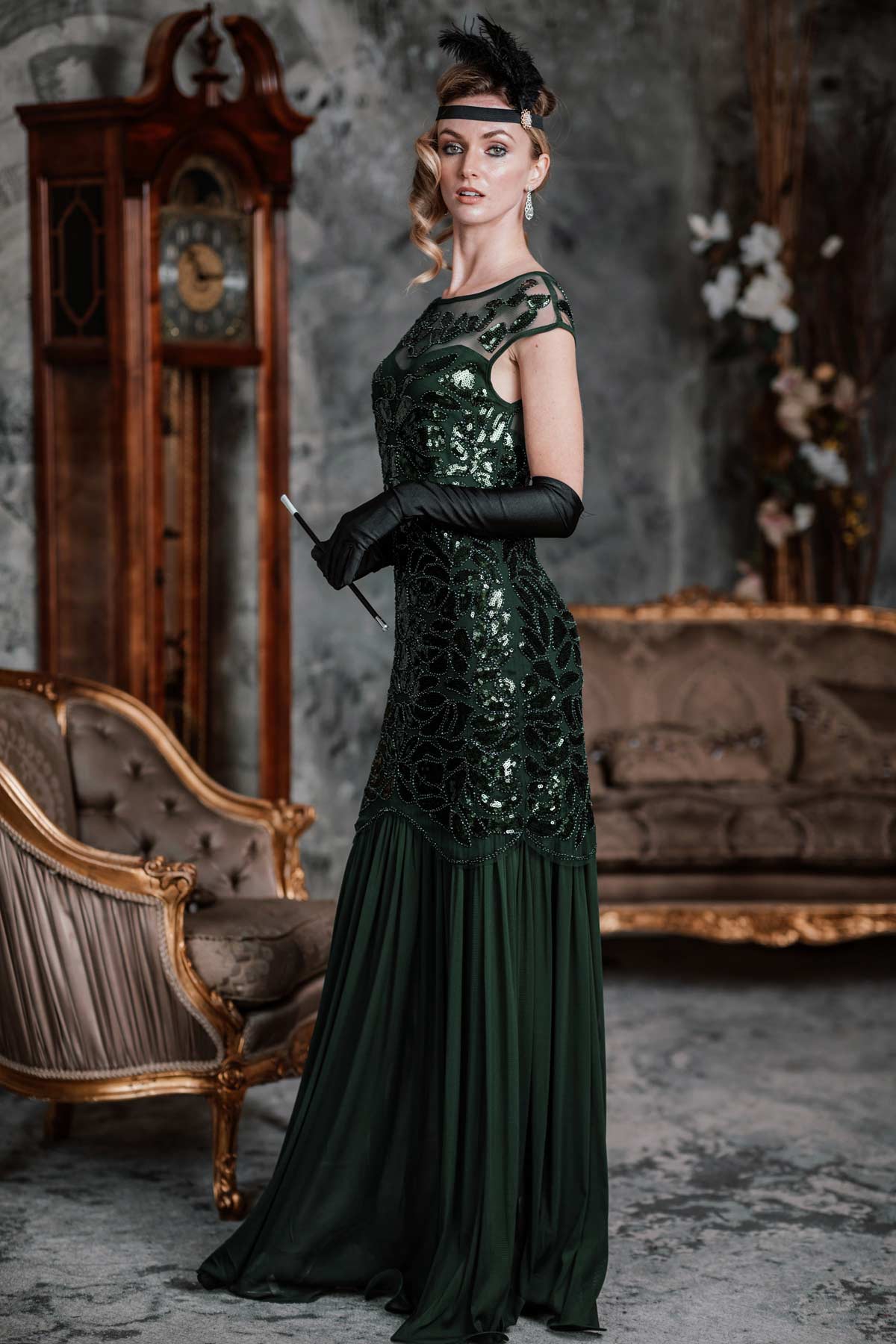 GRÜN 1920ER MAXI FLAPPER KLEID MIT PAILLETTEN - Image 5